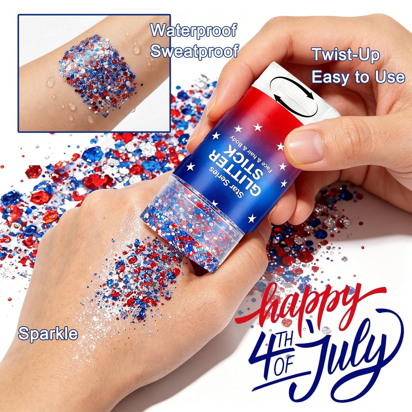 Patriotic 4th of July Body Glitter Stick, Hair Glitter for Kids, Red White and Blue Star Face Glitter Stick, USA Flag Makeup for 250th Independence Day Accessories, 4th of July Outfits for Women