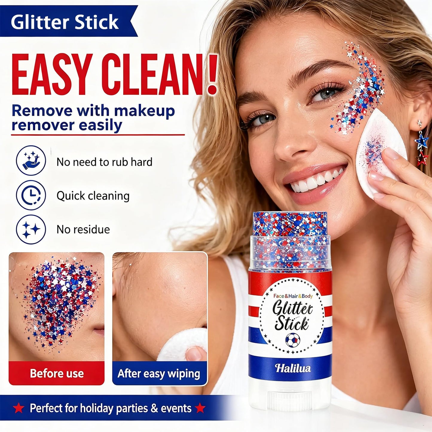 4th of July Glitter Stick, Body Hair Face Glitter Stick, Fourth of July Outfits and 250th Anniversary Accessories, Patriotic USA Flag Accessories for Women, Red White and Blue Waterproof Hair Glitter