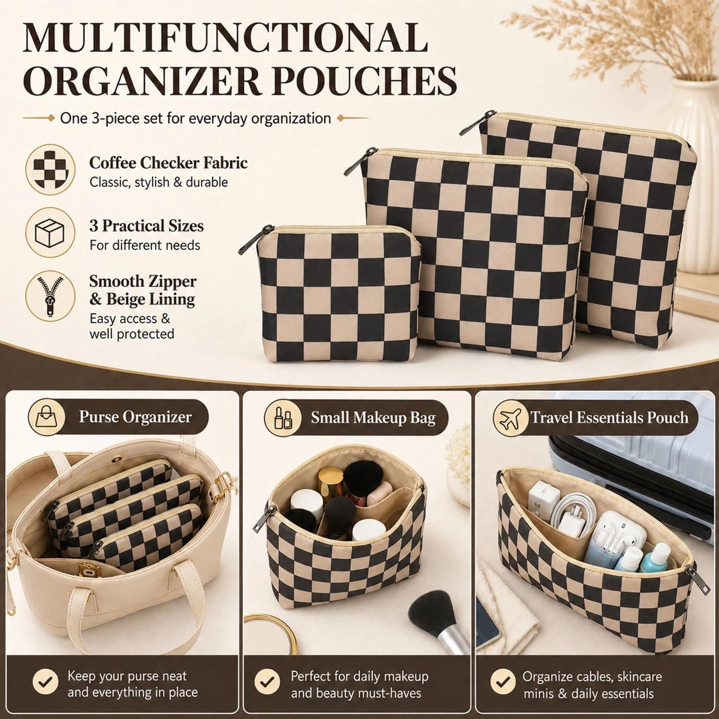 BBORGDC Small Cosmetic Bag Set of 3 for Purse, Cute Cotton Floral Makeup Bags, Small Makeup Bag Organizer, Cosmetic Pouch Set for Travel & Daily Use