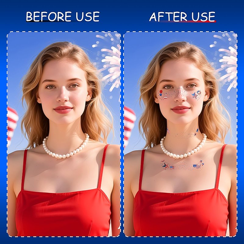 4th of July Glitter Freckles, 6 Pcs Patriotic Face Tattoo Sparkle Red Blue White Star Freckles Makeup Patches for Face Rave Accessories