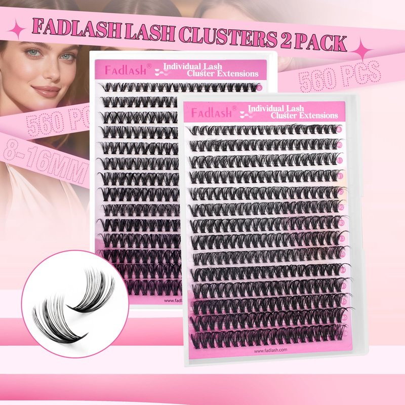 FADLASH Lash Clusters 560Pcs Natural Eyelash Clusters 40D Wispy Lash Extensions 8-16mm D Curl Cluster Eyelash Extensions DIY at Home, 2 Pack (40D 8-16mm, 2 Pack)