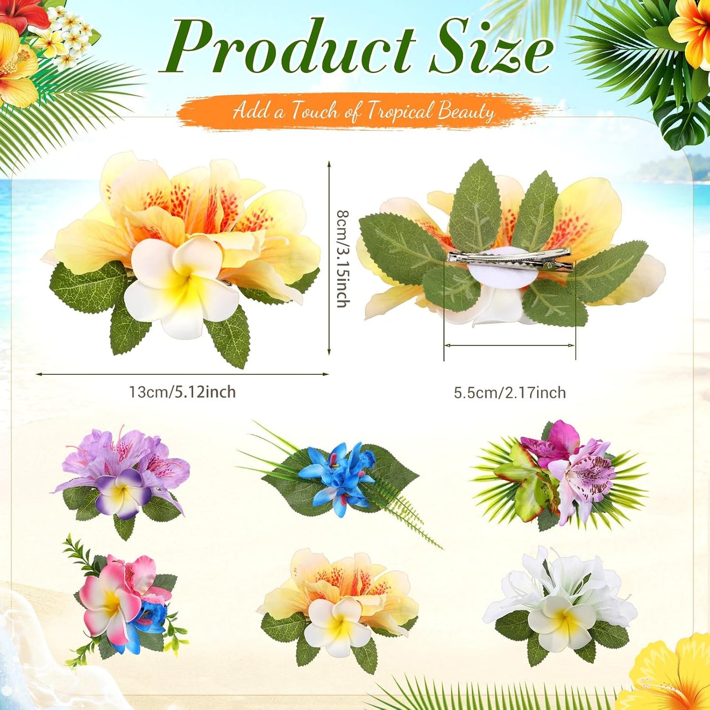 Hawaiian Flower Hair Clips - 6 Pcs Tropical Floral Accessories for Summer Beach Weddings | Large Plumeria & Orchid Design