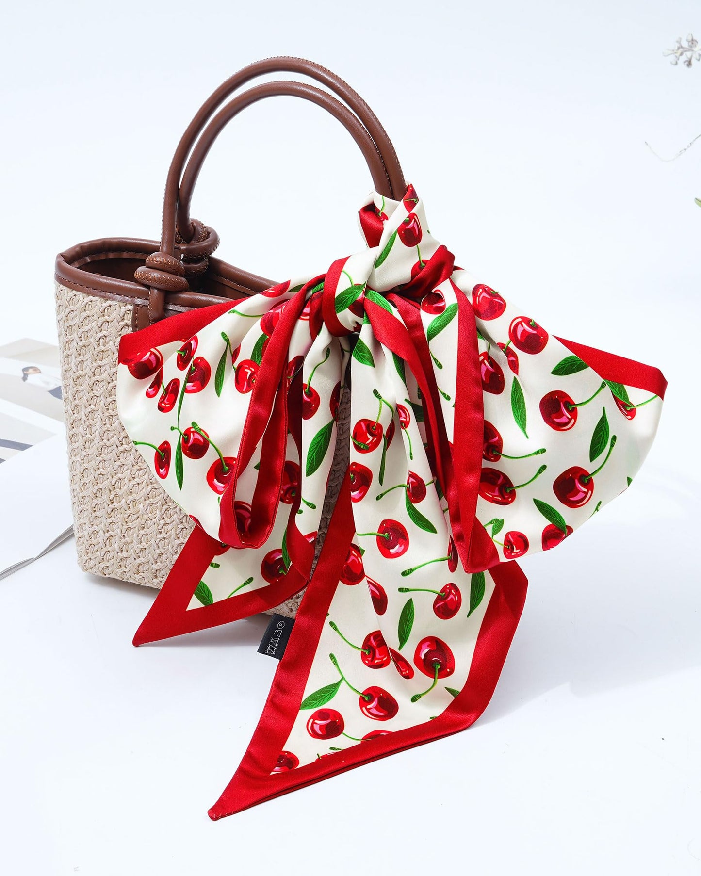 Mesovor Cherry Head Scarf Hair Neck Scarves for Women, Silky Scarf for Purse Bag Handbags | Satin Skinny Scarf Headbands for Country Concert Western Outfits (Cherry (White))