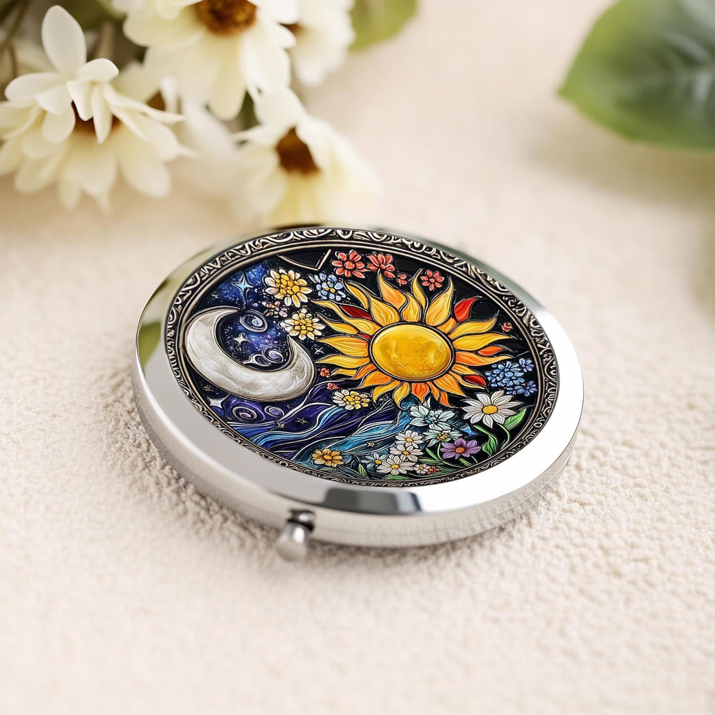 Silver Compact Mirror - Double-Sided Folding Makeup Mirror with Sun Moon Floral Design | 2.8"x2.8" - Perfect Gift for Women