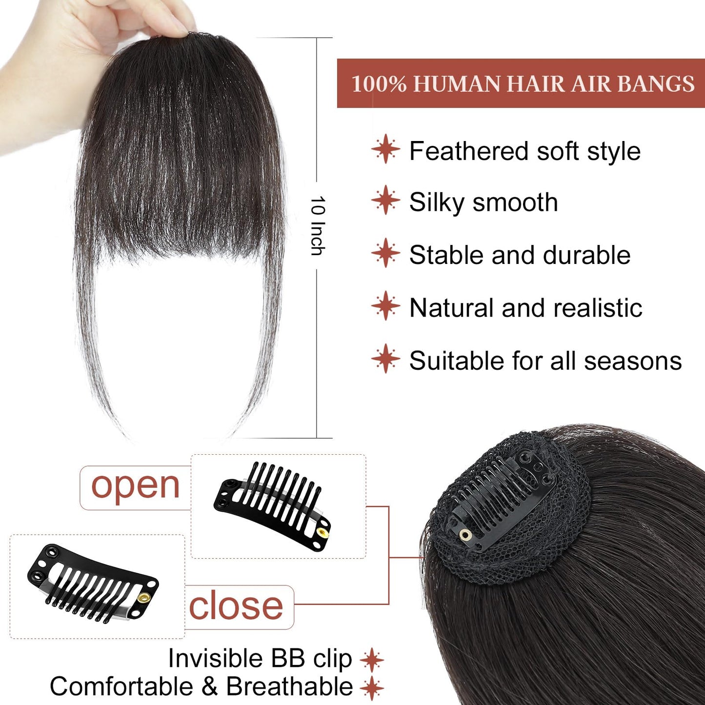 Lommel Clip in Bangs,100% Real Human Hair Wispy Fake Bangs Hair Clip for Women Brown Black Natural Curtain Fringe with Temples Hairpieces for Daily Wear and Various festivals(Brown Black)