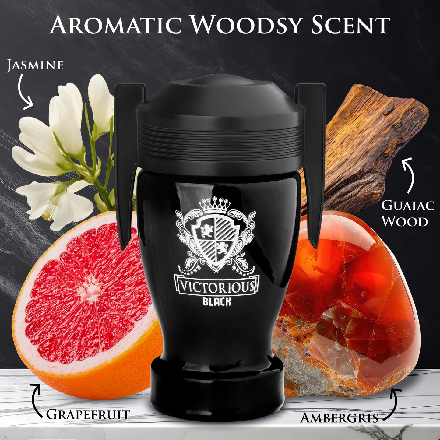 Victorious Black for Men Eau De Toilette 3.4 Fl Oz- Top Notes of Juicy Mandarin Orange & Grapefruit Blended with Sea Notes Base Notes of Ambergris, Guaiac Wood, Patchouli & Moss Elegant 100ml Bottle