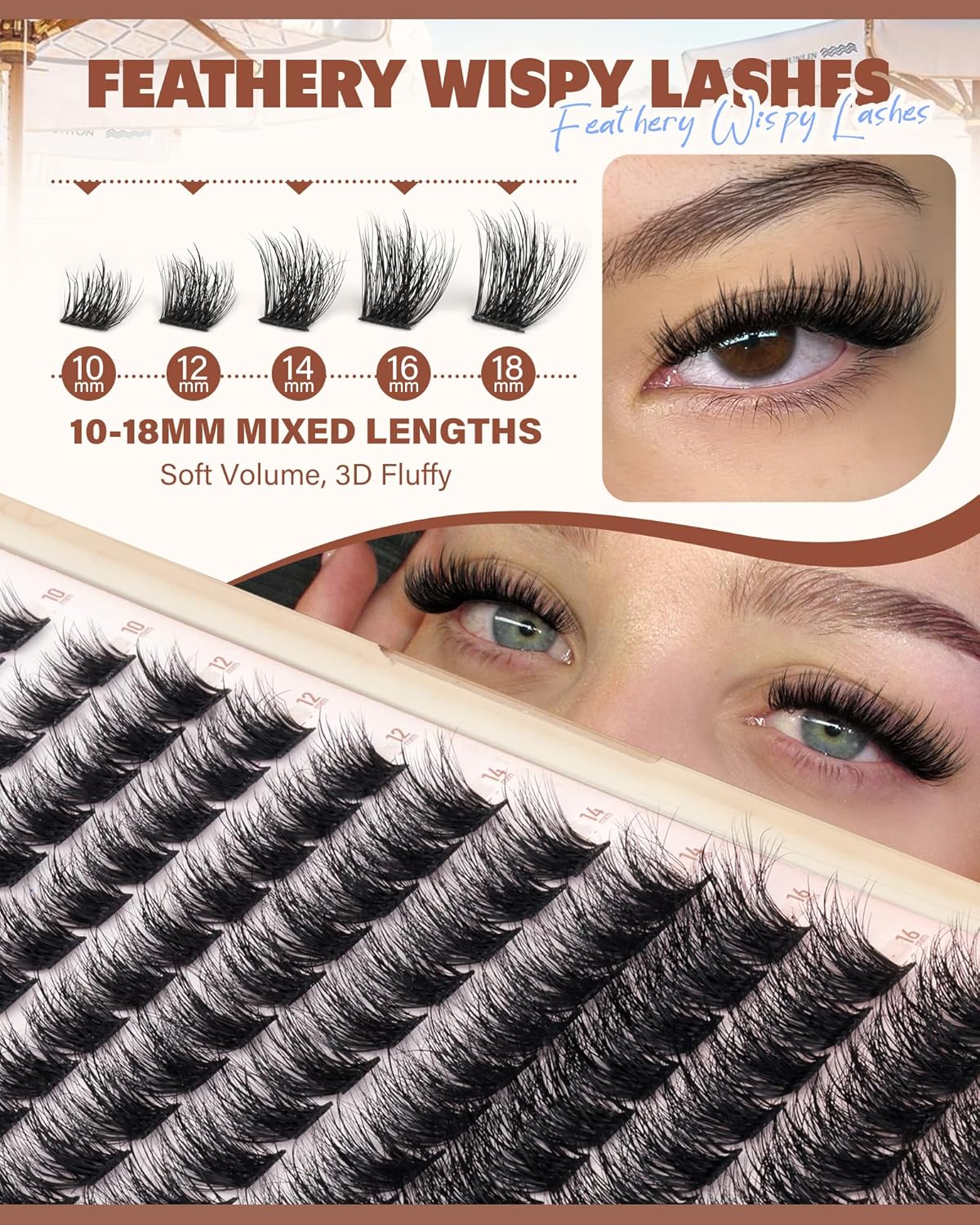 Fluffy Lash Clusters - 3D Eyelash Extensions for Plush Volume | Soft D Curl, 10-18mm, 144pcs for DIY Makeup