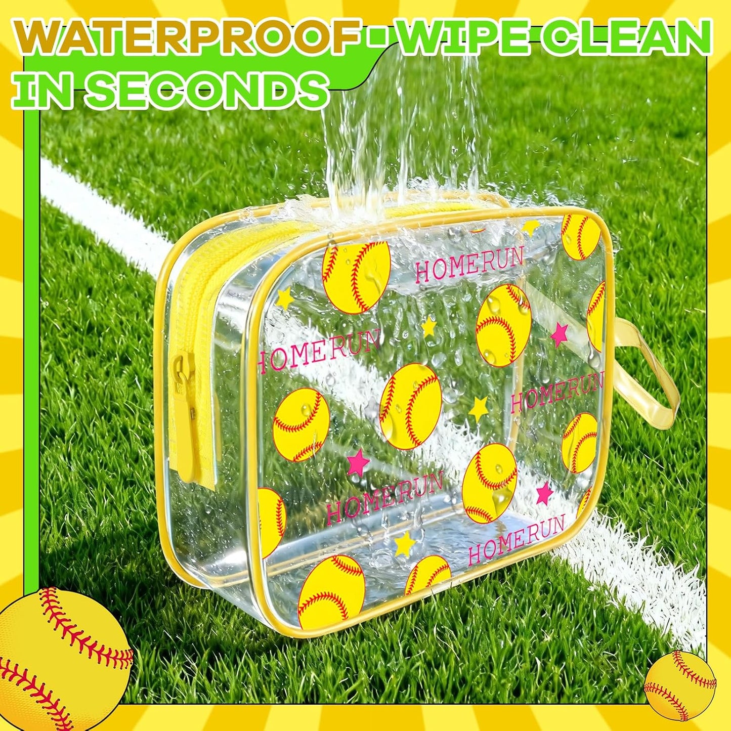 Softball Cosmetic Bag Set - 14PCS Waterproof Clear PVC Makeup Organizer | Zipper Toiletry Pouch for Girls & Team Players