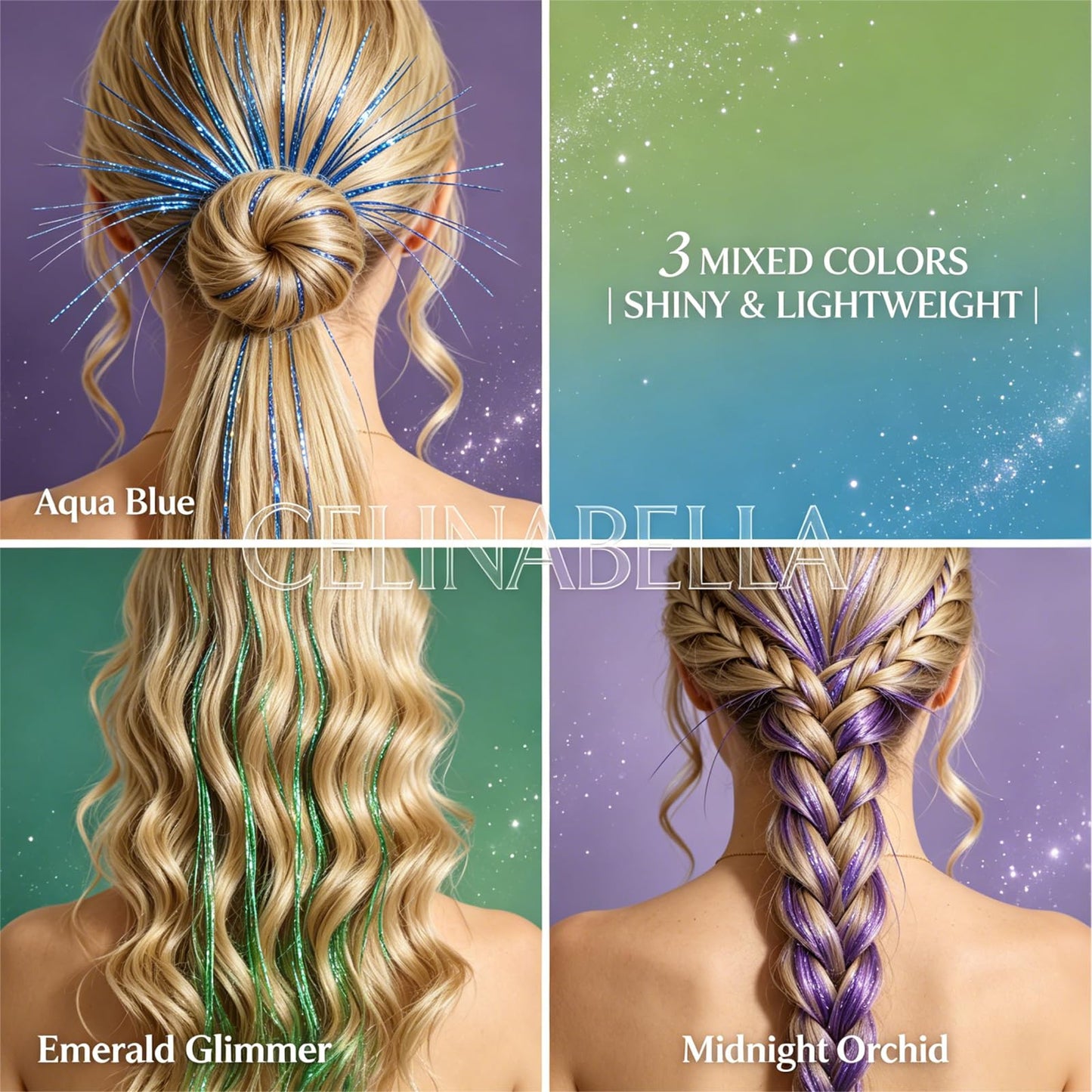 CELINABELLA Clip In Hair Tinsel 12 Pack 3 Colors Emerald Aqua Midnight Orchid 23 Inch 70 Strands Heat Resistant 320°F Invisible Light Brown Clips For Women Teens Party Festival Daily Hairstyles
