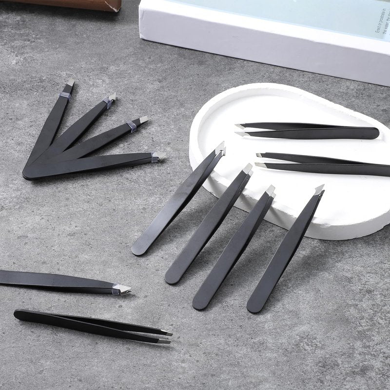12 Pcs Tweezers Bulk, Stainless Steel Eyebrow Tweezers Slanted Tip Precision Tweezer for Facial Hair Ingrown Hair Blackhead Splinter Removal and Lash Extension for Men Women (Black)