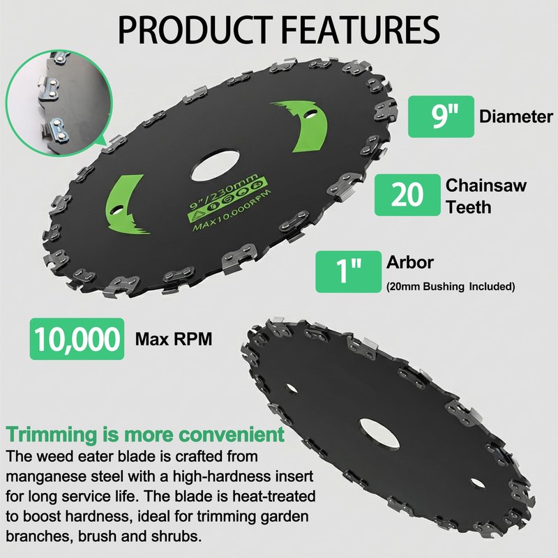 Brush Cutter Trimmer Conversion Kit with 9" x20T Carbon Steel Chainsaw Brush Cutter Blades, Includes, Files, Gloves, Compatible with Echo Models SRM-225, SRM-225i, SRM-266, SRM-280