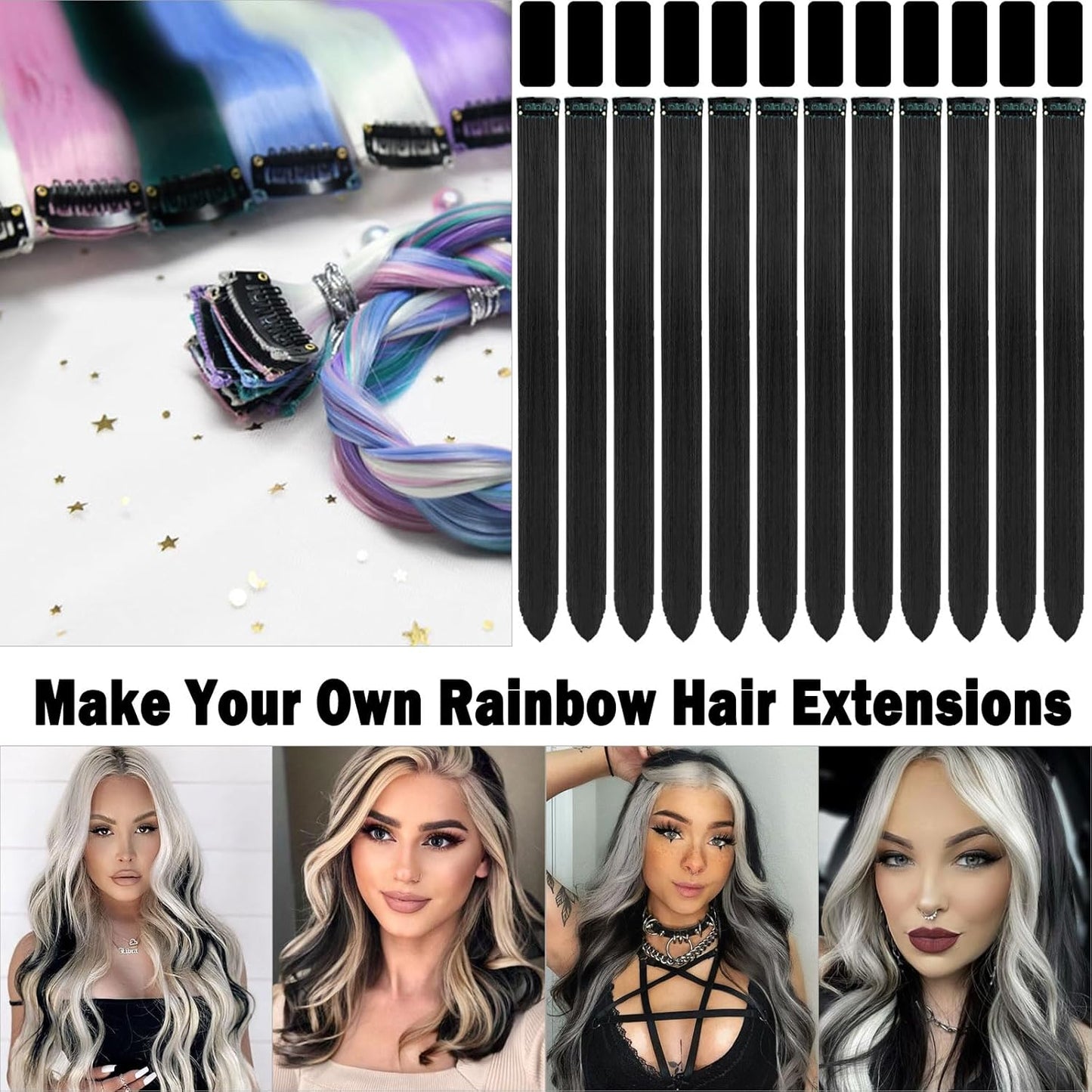 Clip-In Black Hair Extensions - 22 Inch Long Synthetic Hairpieces for Women | Party Highlights