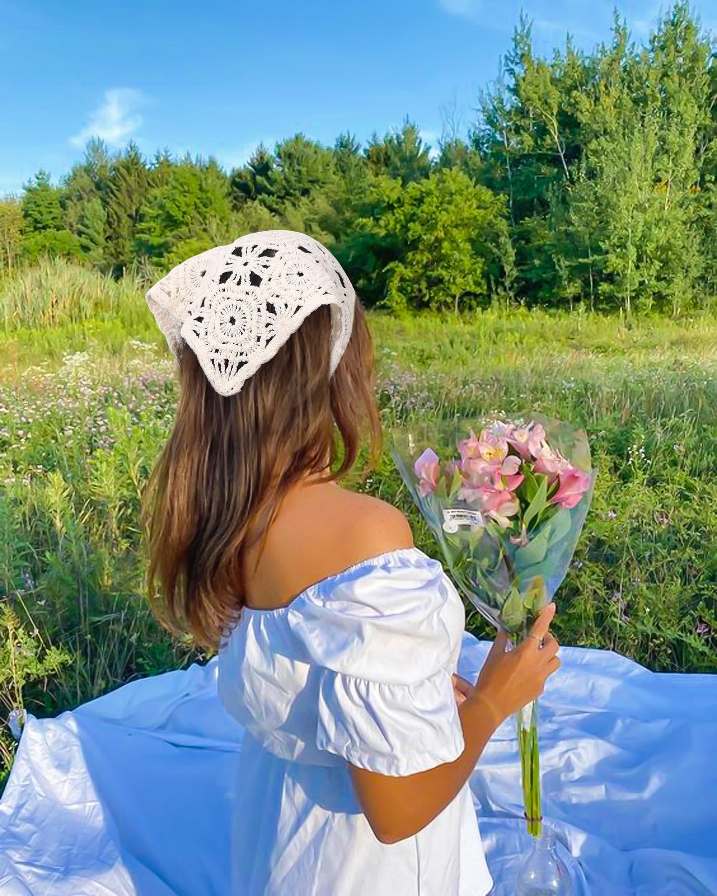 HAIMEIKANG Crochet Hair Bandanas for Women Knit Head Scarf Bandana Headband Scarf Tie-Back Floral Headscarf for Girls(White+Coffee)