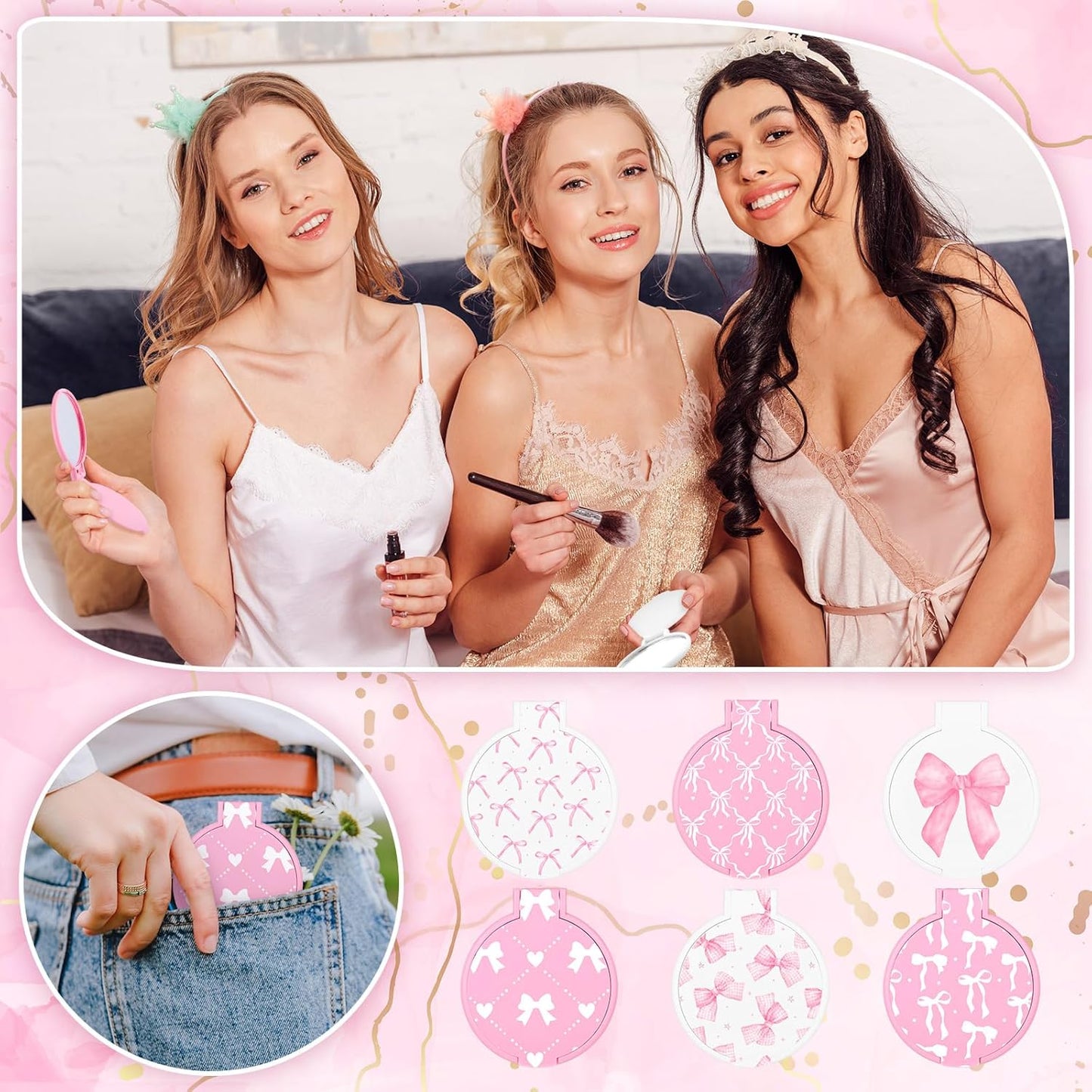 Pink Bow Mini Compact Mirrors - 36 Pcs Portable Round Makeup Mirrors | Perfect Party Favors & Gifts for Women