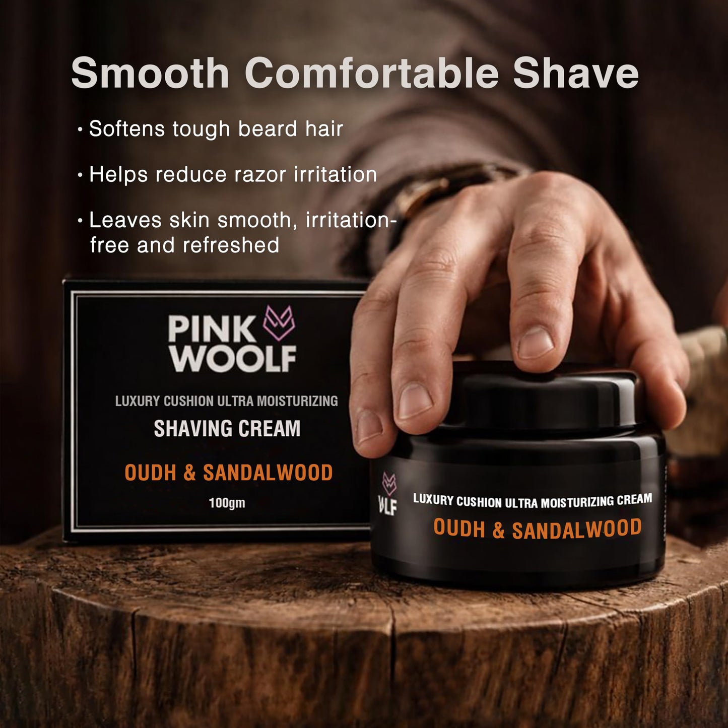 Pink Woolf Shaving Cream for Men, Rich Lather Wet Shave Cream for Shaving Brush, Smooth Razor Glide, Softens Beard, Oudh & Sandalwood Barbershop Scent, Traditional Shave Cream Jar, 3.5 oz