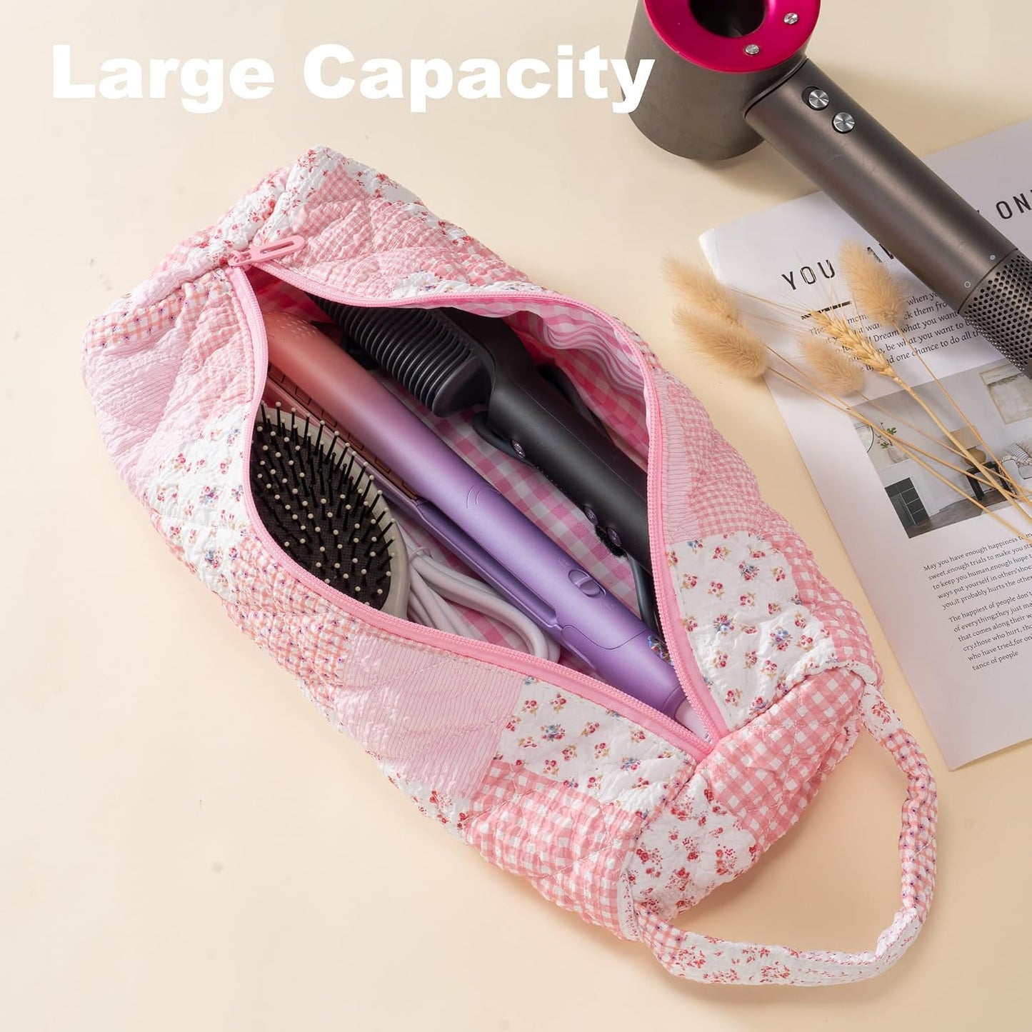 Quilted Hair Tools Travel Bag - Portable Organizer for Dyson Airwrap & Shark FlexStyle | Pink Plaid Floral