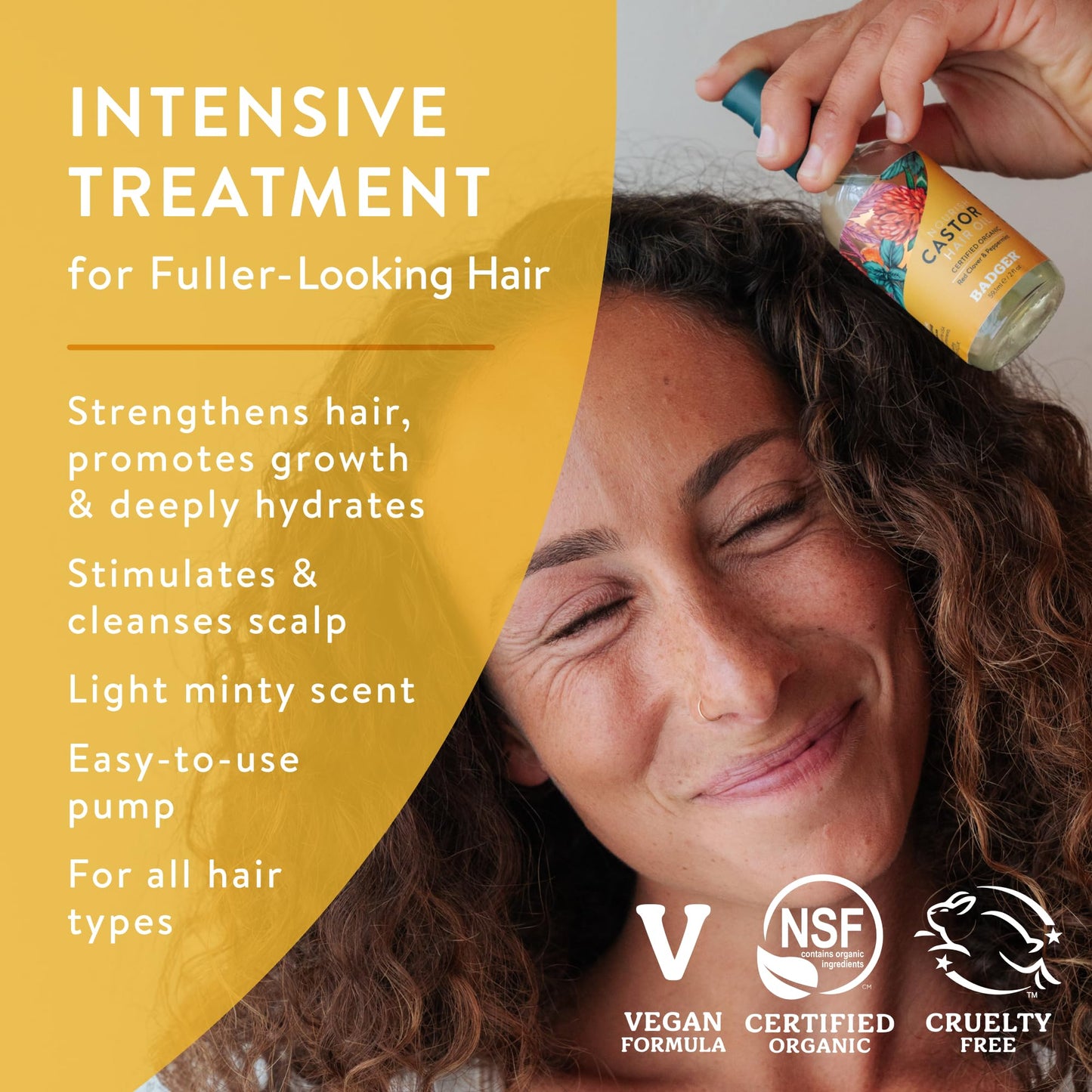 Badger Organic Castor Hair Oil for Thicker Fuller Looking Hair, 100% Organic Castor Oil for Hair Growth & Restoration, Red Clover & Peppermint, Deep Hydrating Hair Oil, 2 fl oz Glass Bottle