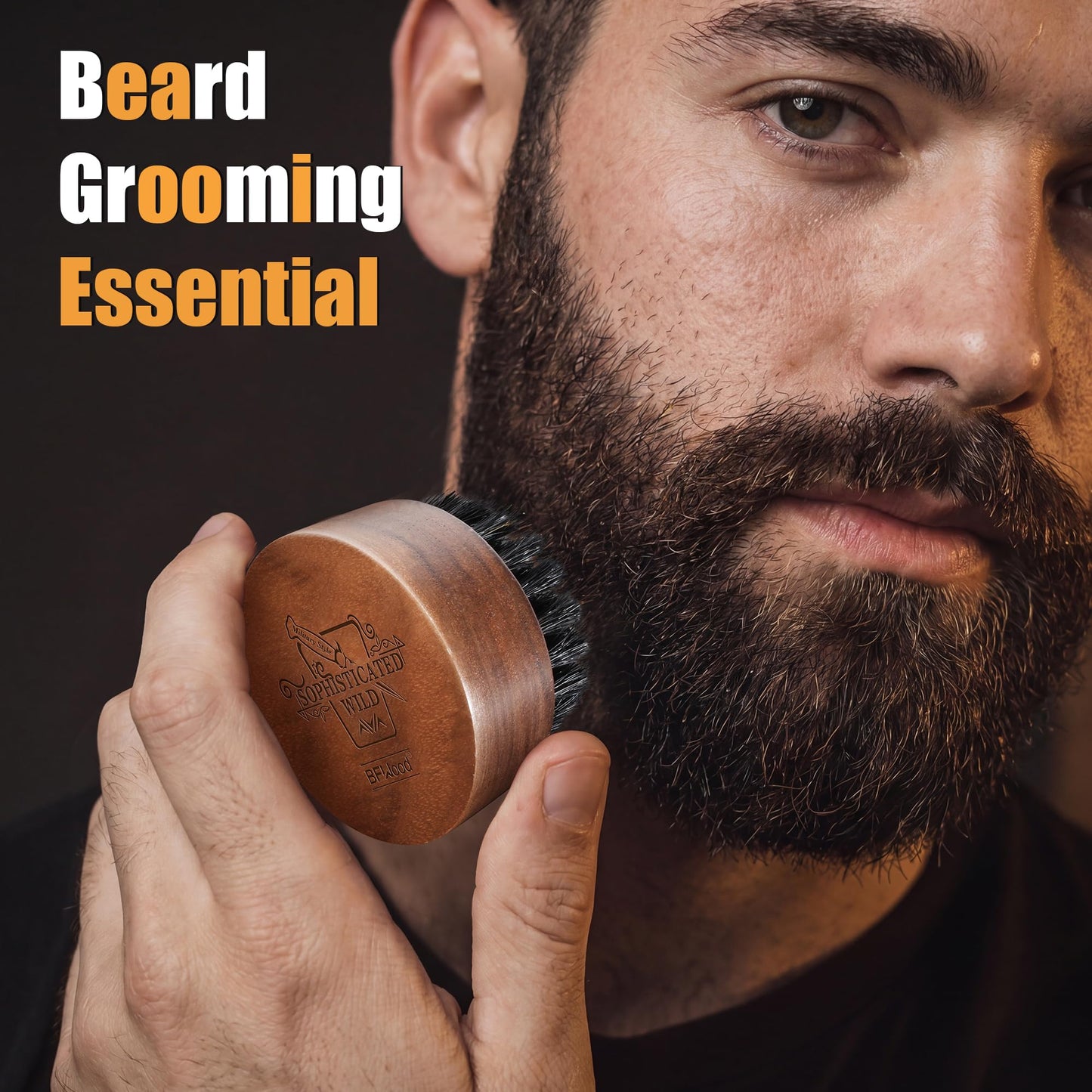 BFWood Beard Brush for Men - Natural Round Boar Bristles Brush Comb Set with Walnut Wood, Foldable Mustache Comb and Trimming Sissors, Small Beard Brush Grooming Mustaches Kit for Travel