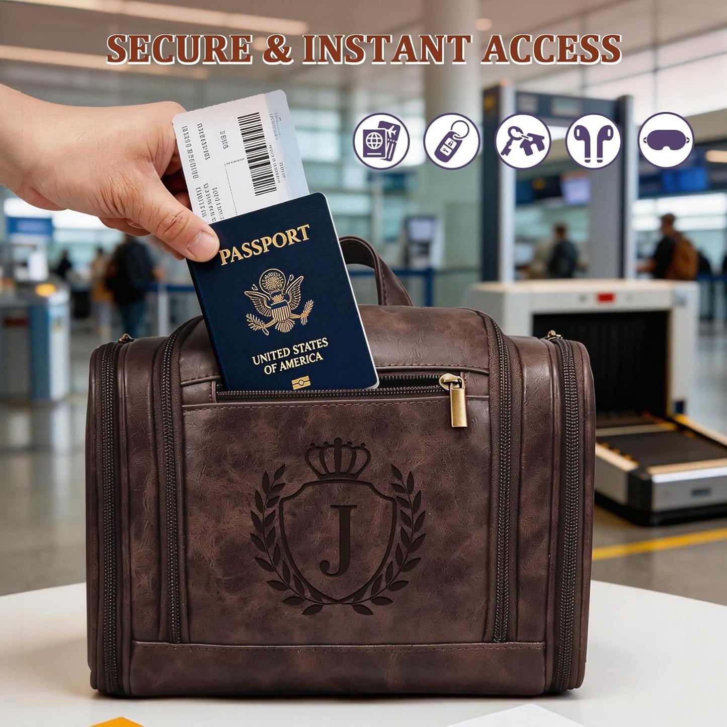 Personalized Leather Travel Toiletry Bag | Men's Dopp Kit Organizer - Tan Brown with Initial J