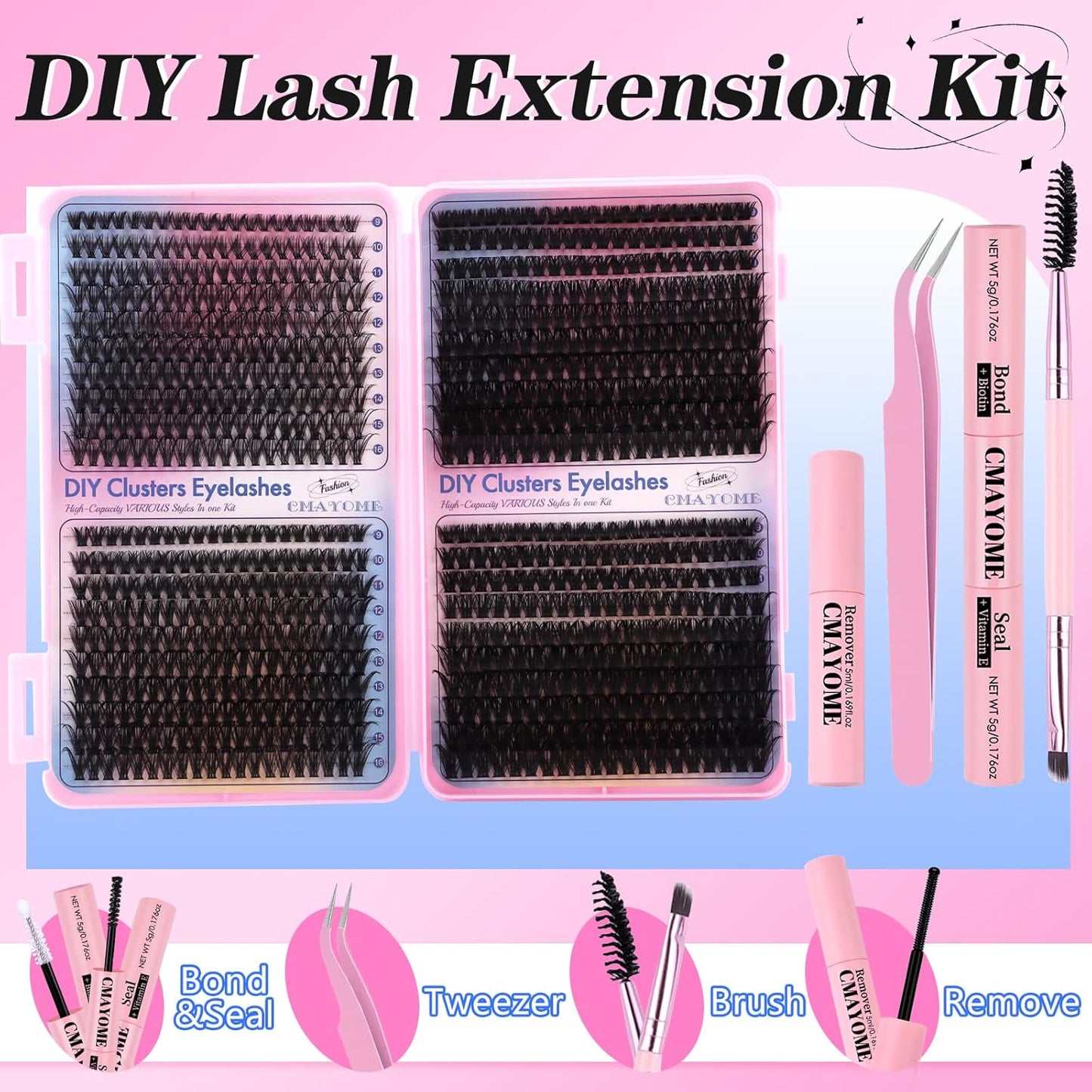 Lash Extension Kit - 50D 60D 80D 100D Individual Lash Clusters with Bond, Seal & Tweezers | 800 Pcs Set