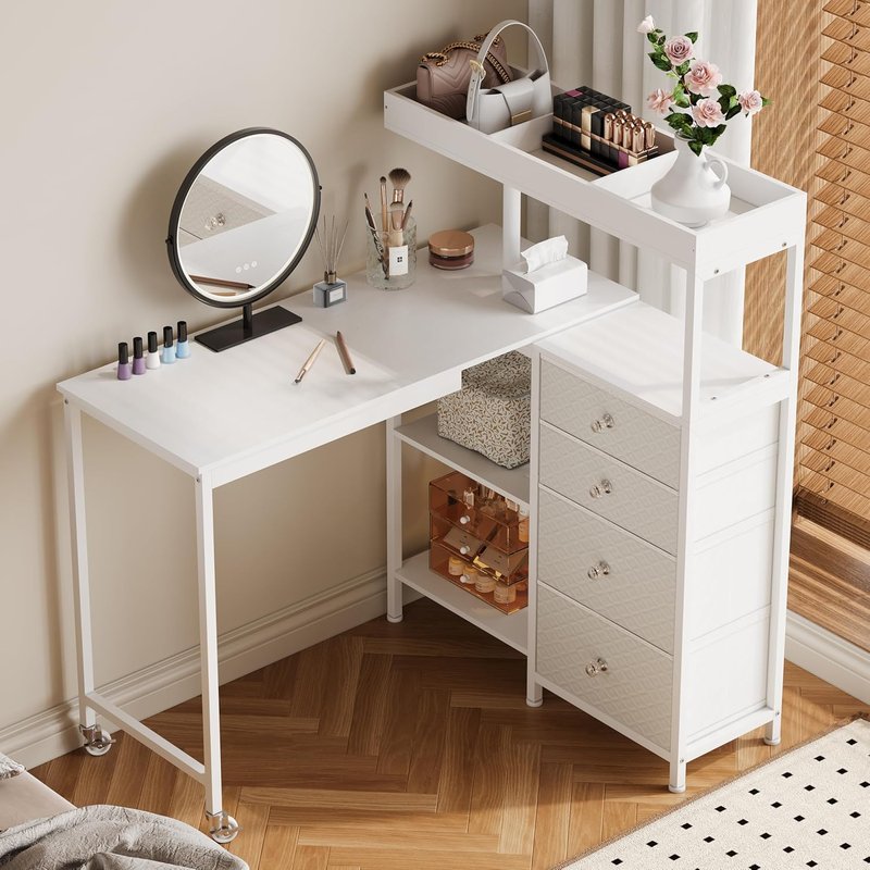 L-Shaped Manicure Table - Rotating Nail Workstation with Drawers & Charging Station | White