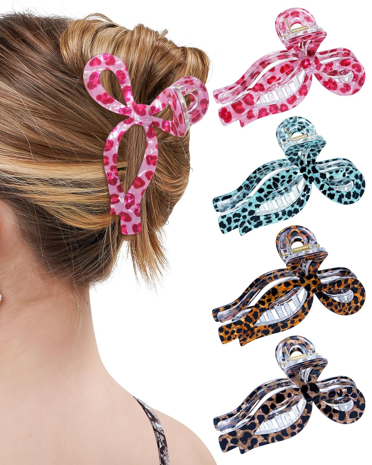 Bow Hair Claw Clips - 4 Pack Nonslip Large Grip for Women | Strong Hold Hair Jaw Clamps in Black, Burgundy, White, Red Polka Dots