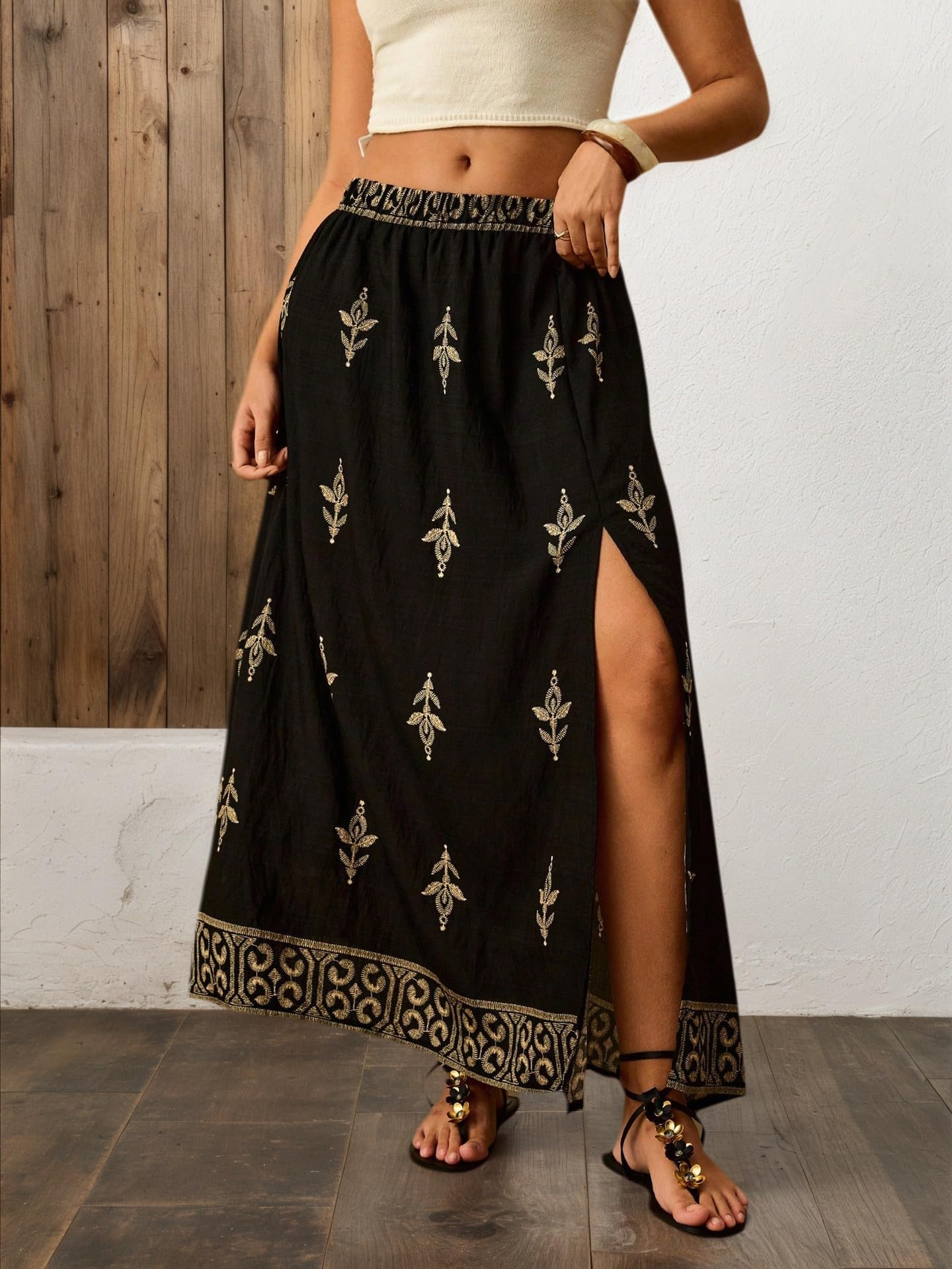 Women’s High Waist Maxi Skirt Floral Print Side Slit Straight Skirt Boho Casual Summer Vacation Beach Long Skirt Black