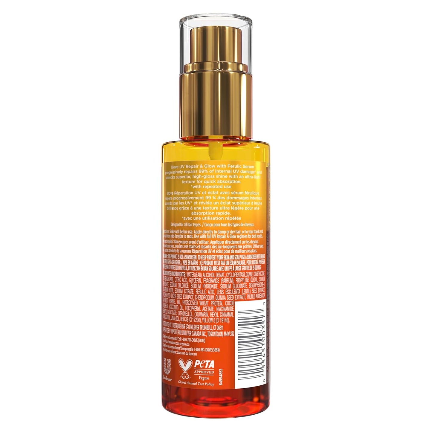 Dove Damage Therapy Bi-Phase Serum & Oil - UV Repair & Glow, 3.9 fl oz | 70-Hour Hair Protection