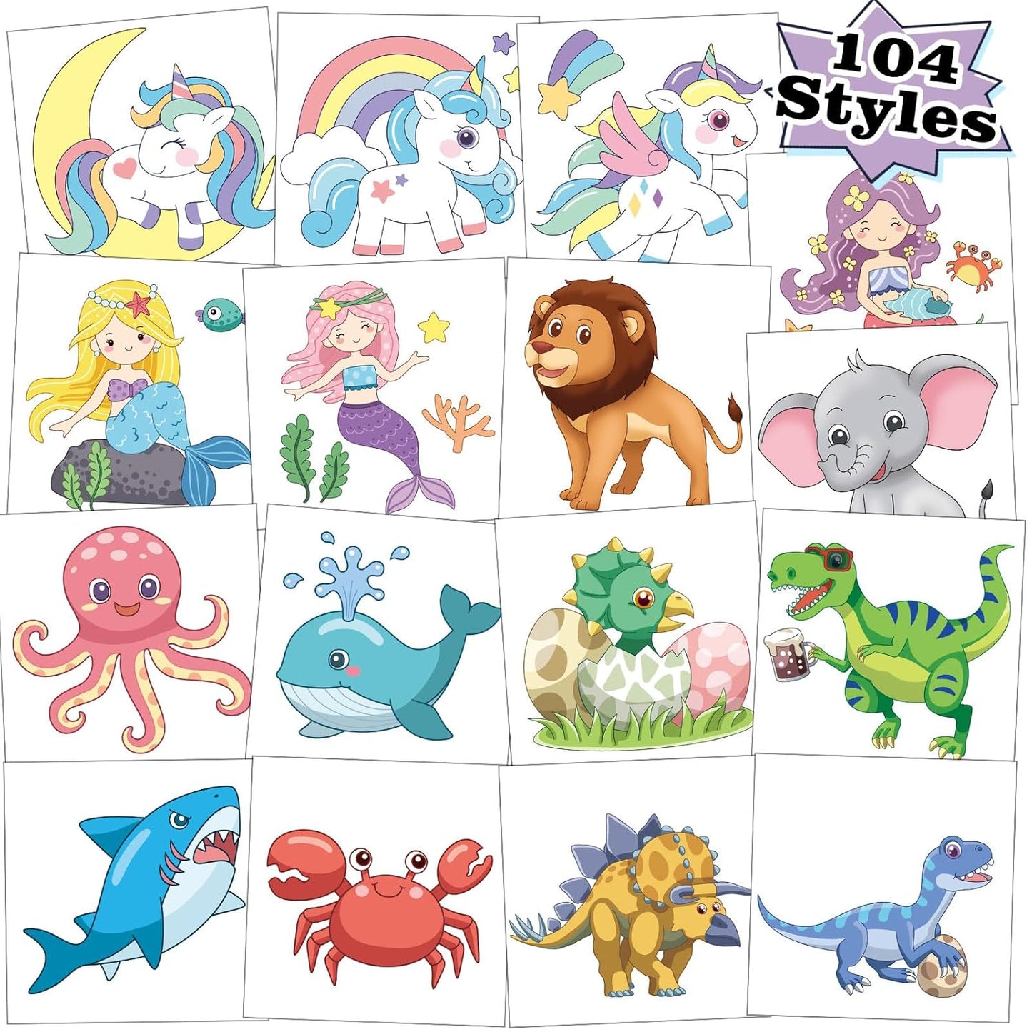 Kids Temporary Tattoos - 104 PCS Dinosaur, Unicorn & Mermaid Stickers | Fun Party Favors for Boys & Girls