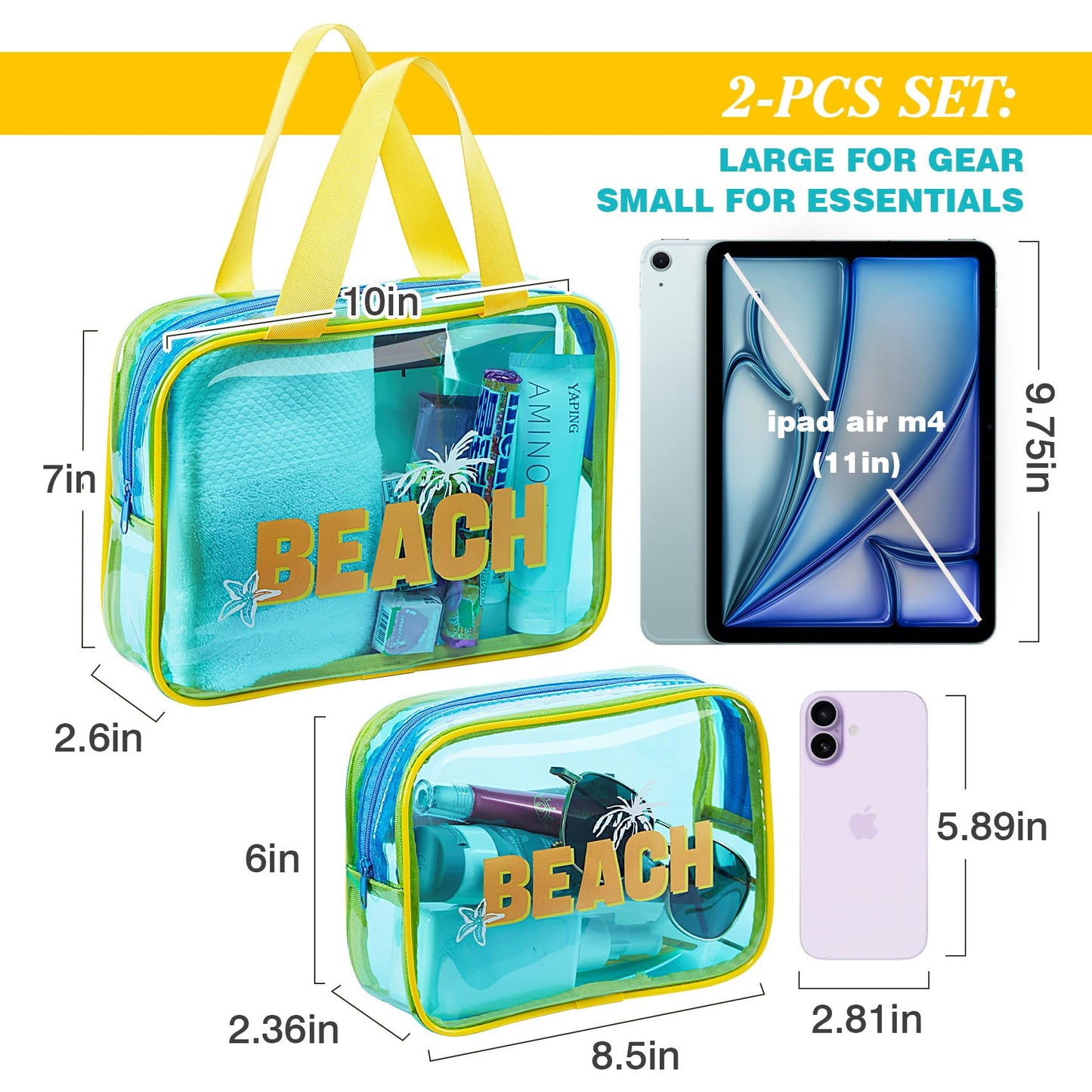 COSHAYSOO 2 Pcs Clear Sunscreen Bag with Letter, Waterproof PVC Beach Bag, Summer Beach Vacation Essential, Spf Pouch Accessories, Large Sun Screen Bag for Travel, Pool Gift for Women Teen Girls(Blue)