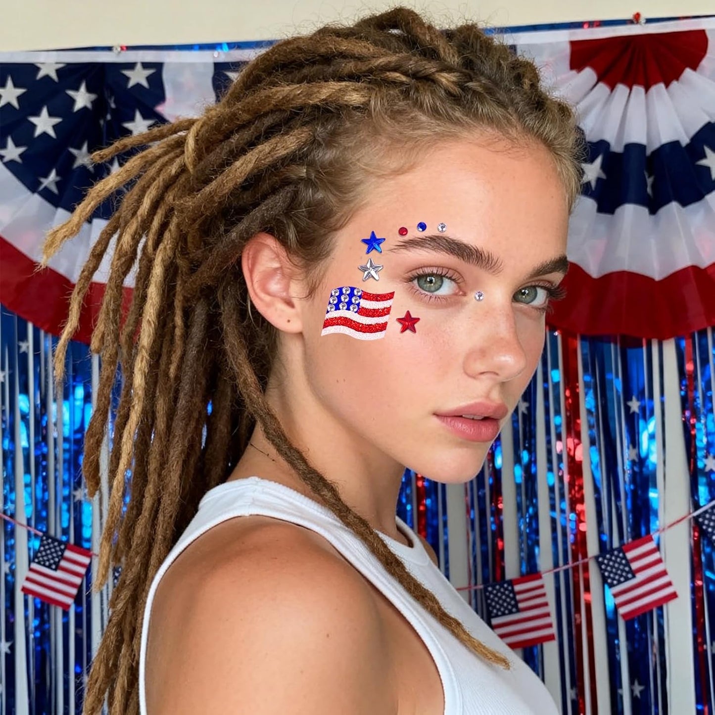 Face Gems - 80 Pcs USA Stickers for 4th of July | Patriotic Red, White, and Blue Decorations