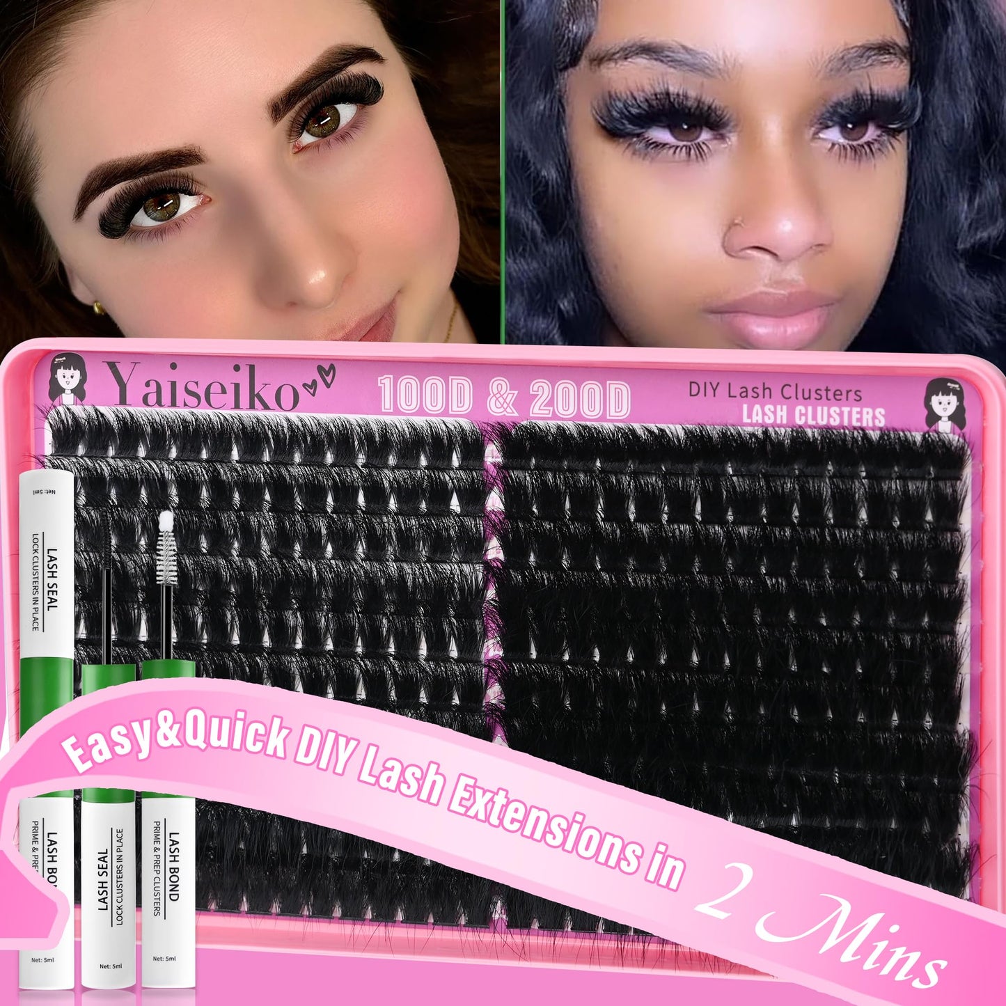 Yaiseiko Lash Clusters Kit 100D+200D Thick Volume Eyelash Clusters Kit 12-25mm Wispy Individual Lashes D Curl Long Cluster with Lash Bond and Seal Waterproof DIY Lash Extension Kit(KIT-280PCS)