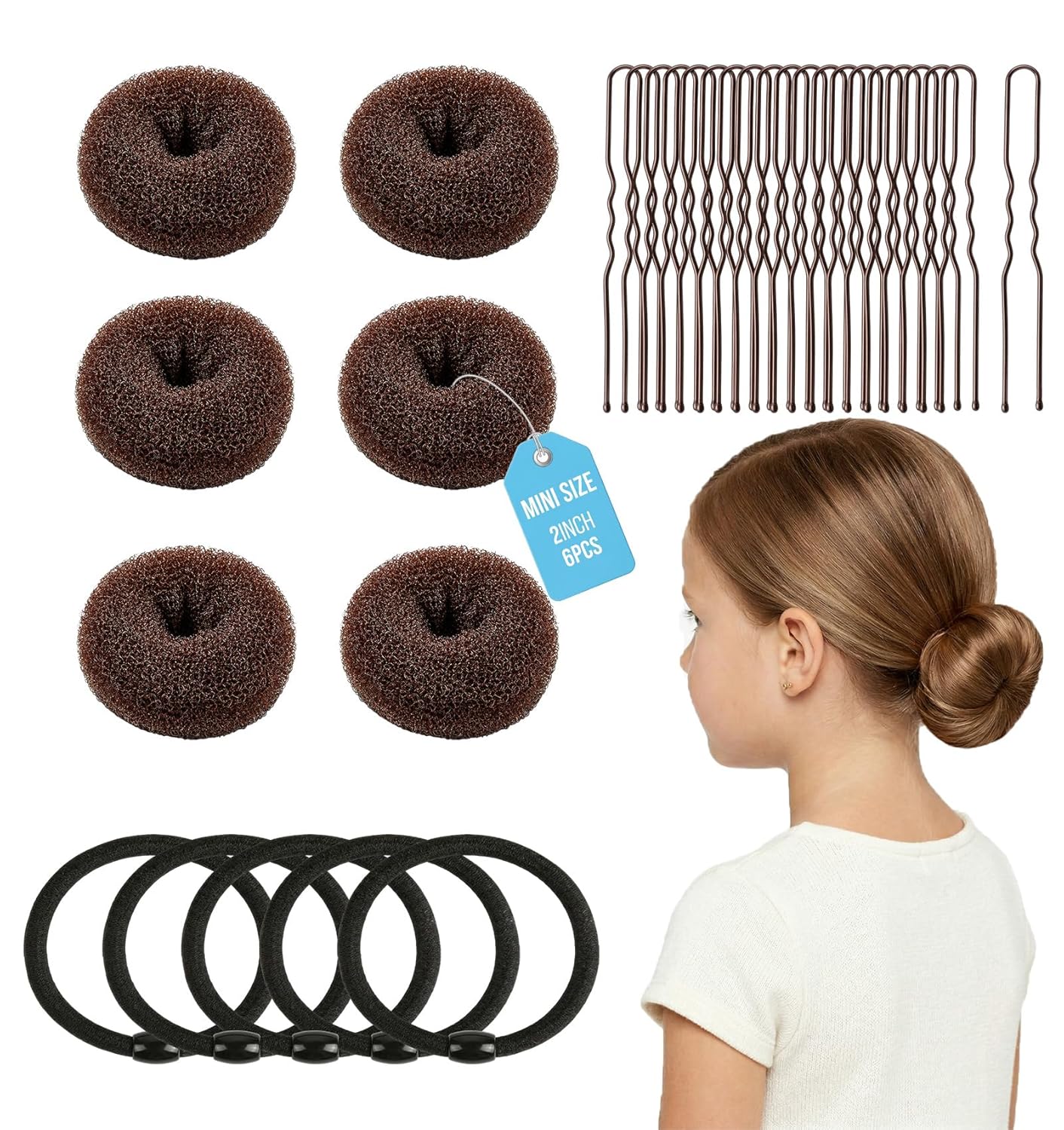 Small Hair Donut Bun Maker - 6pcs Chignon Ring for Thin Hair | Includes 5 Hair Ties & 20 U Pins (Black)