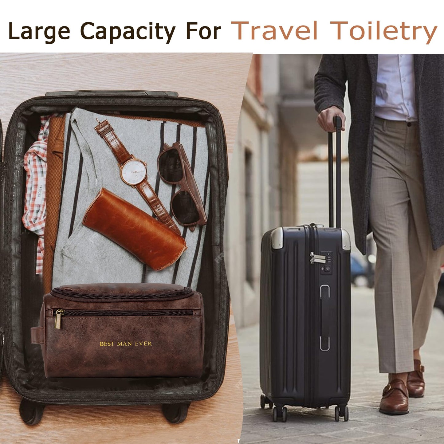 Flycalf Personalized Mens Toiletry Bag for Men ENJOY YOUR TIME Gold Foil Stamped Leather Travel Shaving Dopp Kit Groomsmen Gifts Dad Husband Boyfriend Wedding Birthday (Coffee)