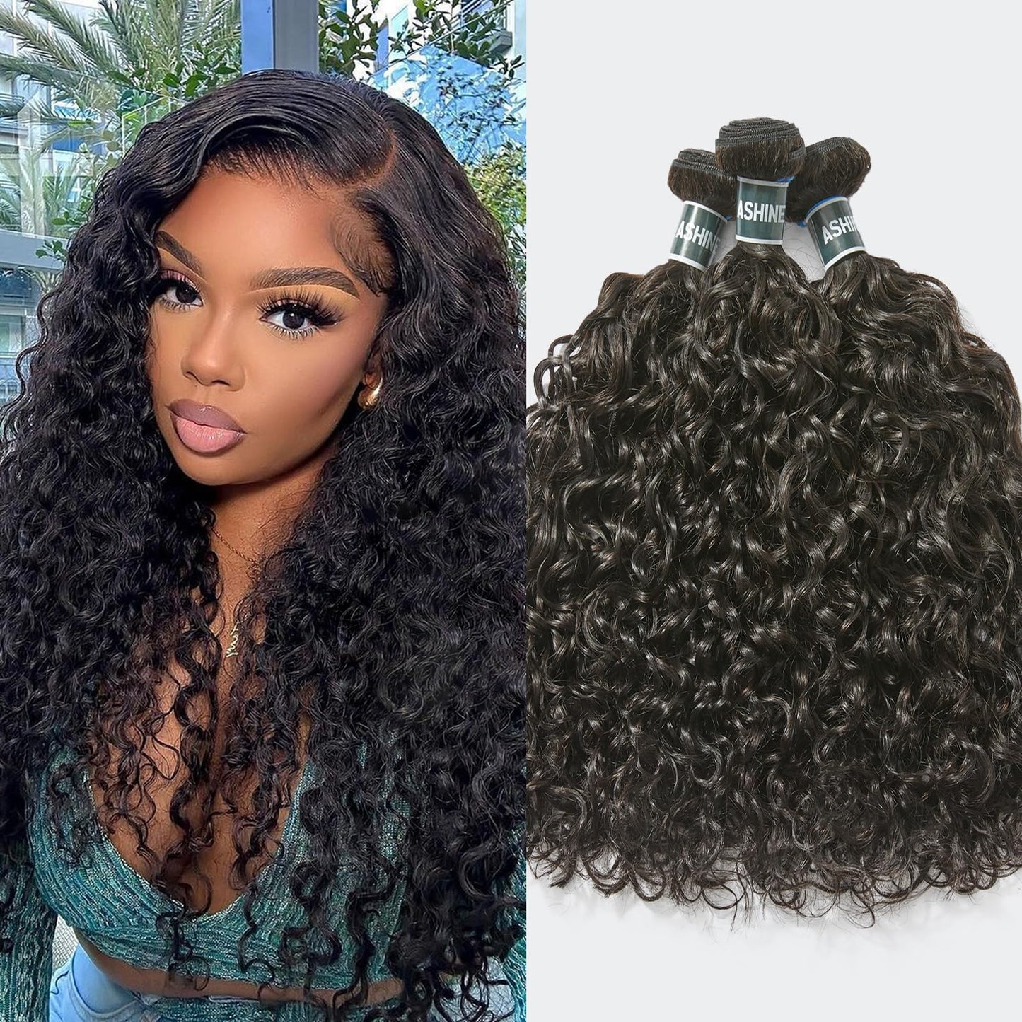 ASHINE Human Hair Bundles Deep Curly Water Wave, Unprocessed Cambodian Raw Hair 20 22 24 Inch, Flip Over Quick Weave Wet and Wave Bundles for Women Natural Black