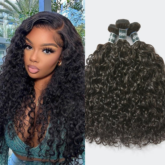 ASHINE Human Hair Bundles Deep Curly Water Wave, Unprocessed Cambodian Raw Hair 20 22 24 Inch, Flip Over Quick Weave Wet and Wave Bundles for Women Natural Black