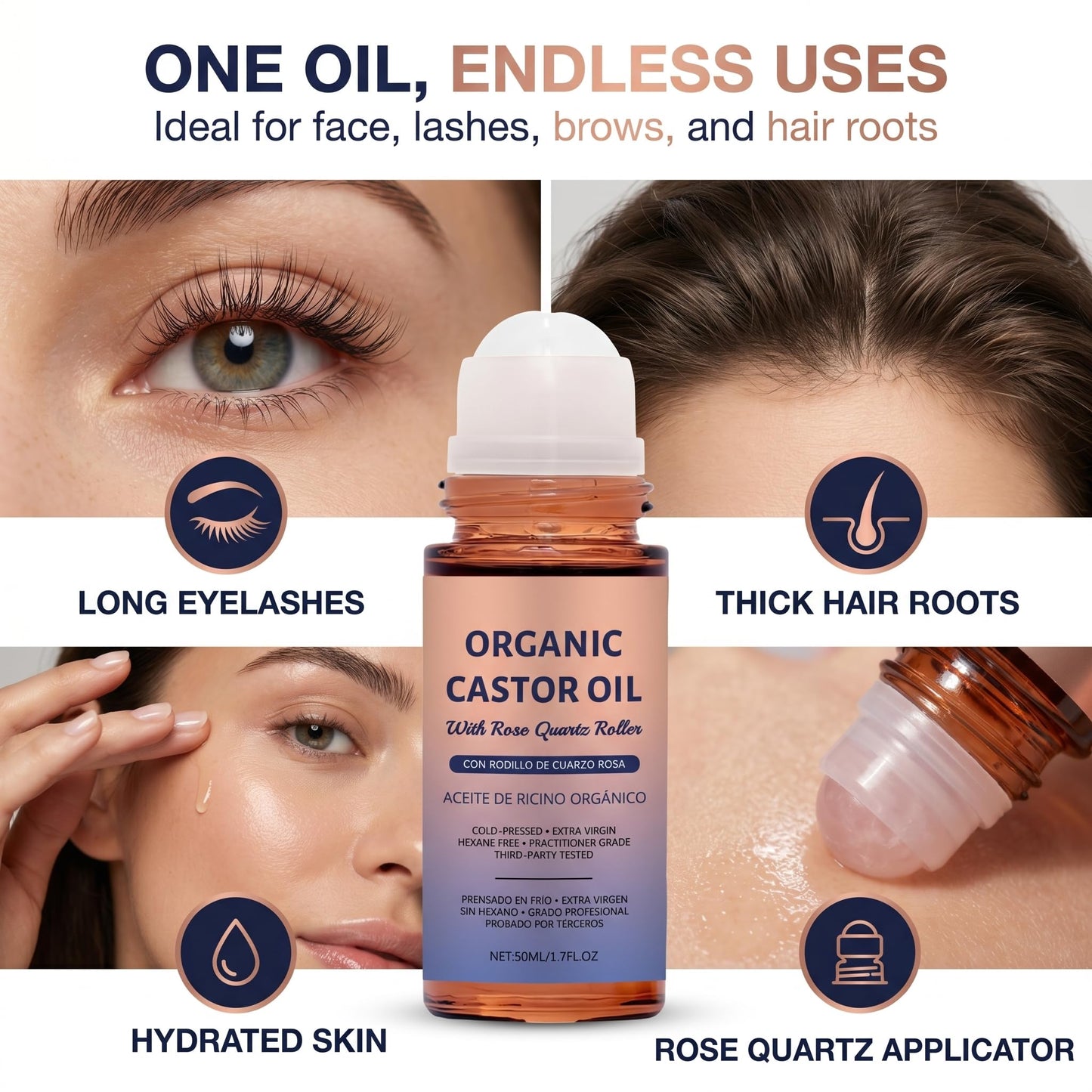 BXHSYD Organic Castor Oil Rose Quartz Roller Ball, 100% Pure Cold-Pressed, Hexane-Free, Organic Castor Oil Rose Quartz Roller Ball, Thicker Lashes, Brows & Skin, 1.7oz