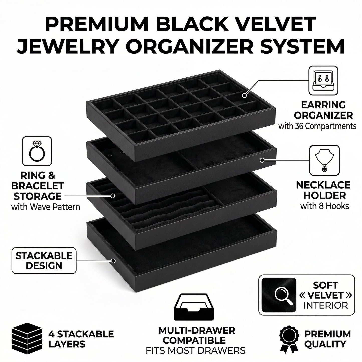 Velvet Jewelry Drawer Organizer Trays, 4-Layer Stackable Jewelry Storage Inserts Set, BLACK Jewelry Tray Set for Earrings, Rings, Necklaces and Bracelets, Removable Dividers for Dresser Drawer