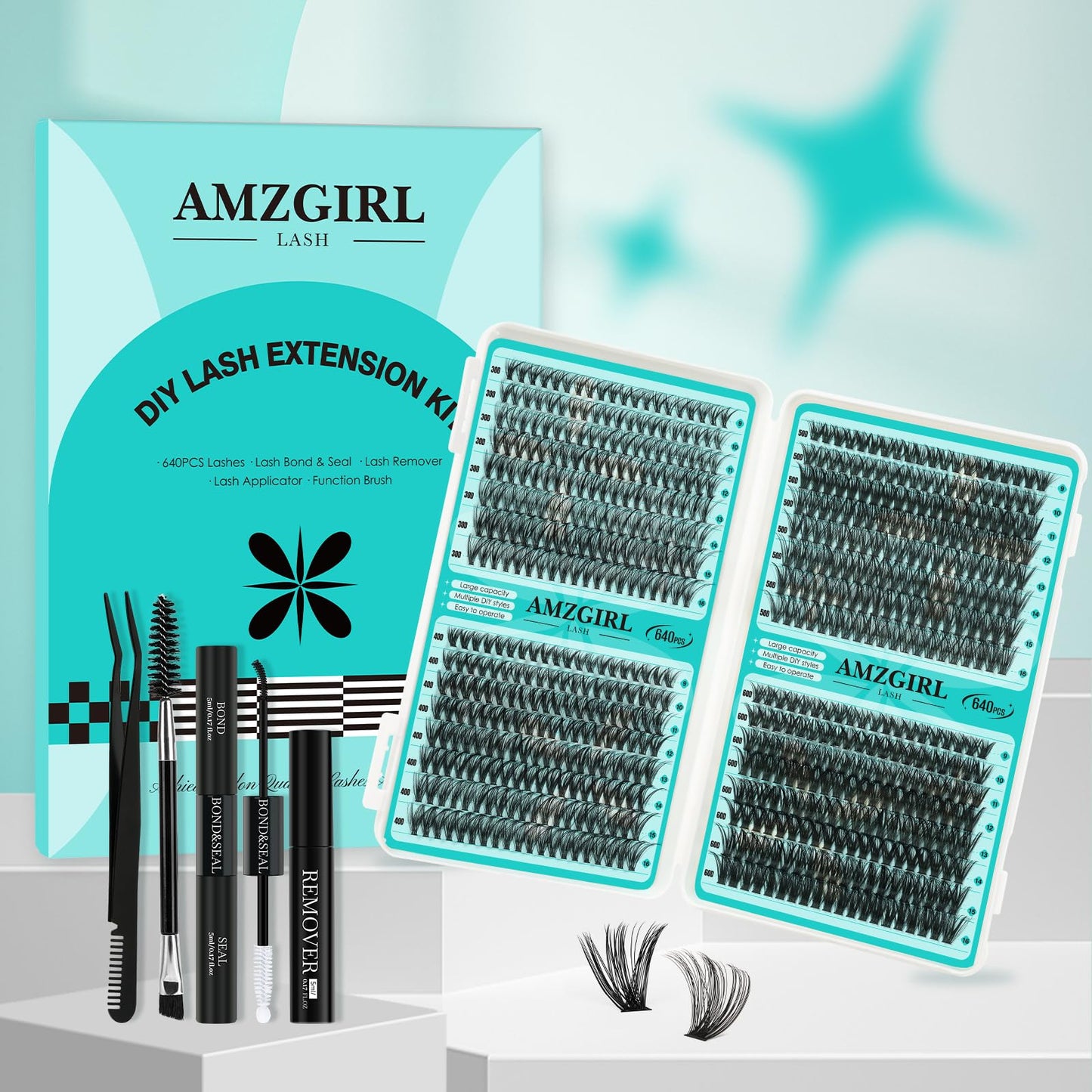 Lash Clusters Kit 640Pcs, Eyelash Clusters Extensions Kit 30D+40D+50D+60D, Lash Bond and Seal Waterproof, Lash Remover and Tweezers and Function Brush for DIY Lash Extension Kit(D-Mix9-16mm Kit)