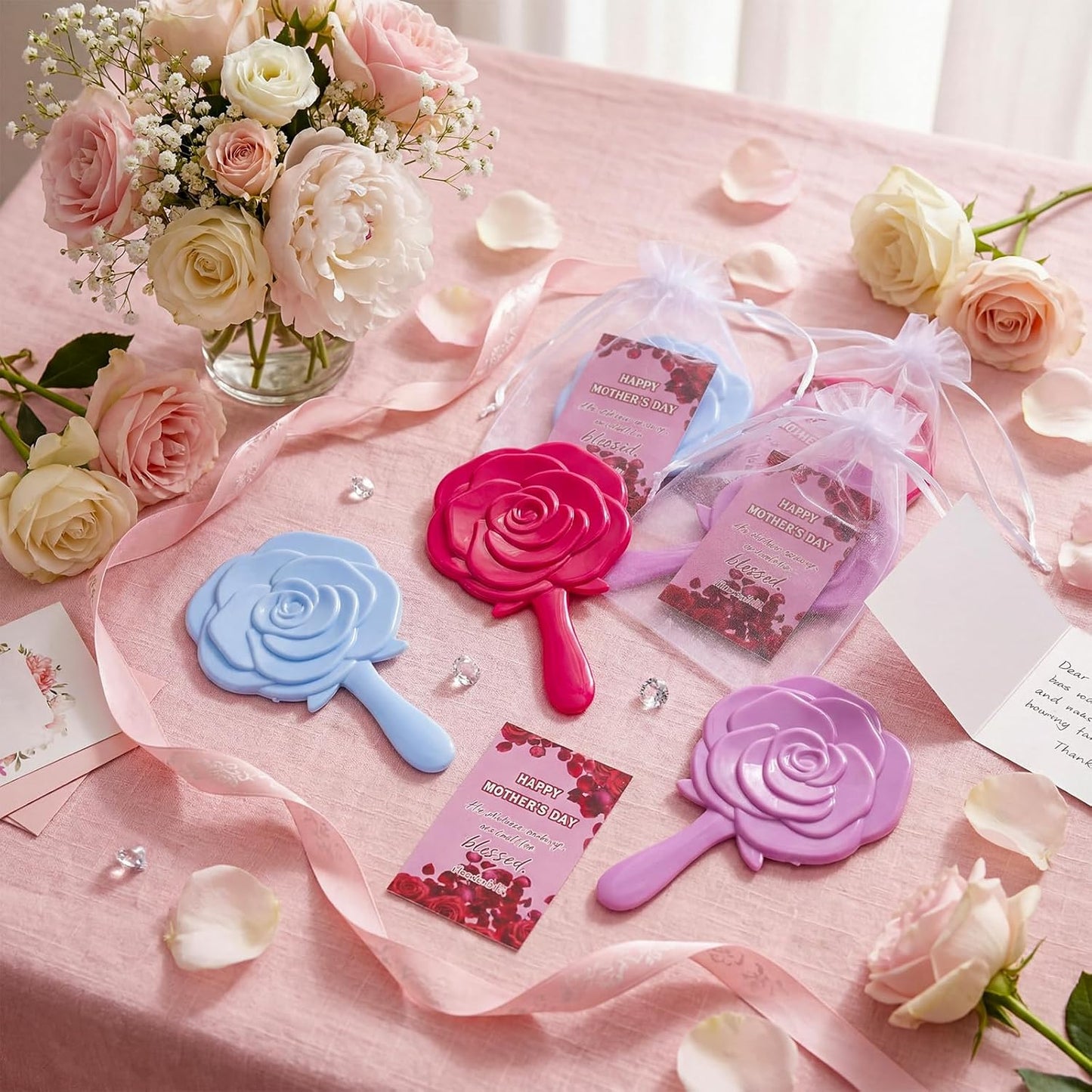 RattanView Handheld Rose Makeup Mirrors - Compact Floral Design | 24 Sets with Organza Bags for Women
