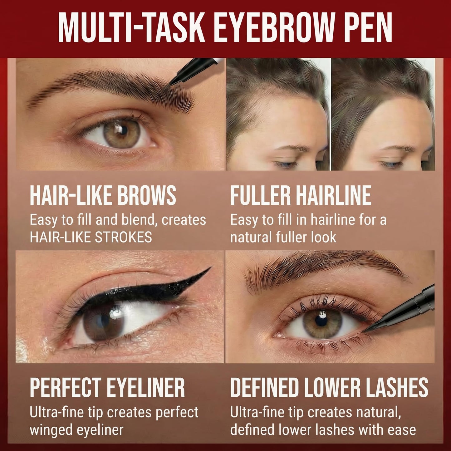 Eyebrow Pencil for Women, 2-in-1 Microblading Eyebrow Pen with 4D Square & Ultra-Fine Tips, Waterproof Long-Lasting Brow Pencil, Hair-Like Strokes for Natural Fuller Brows with Brow Brush, Dark Brown