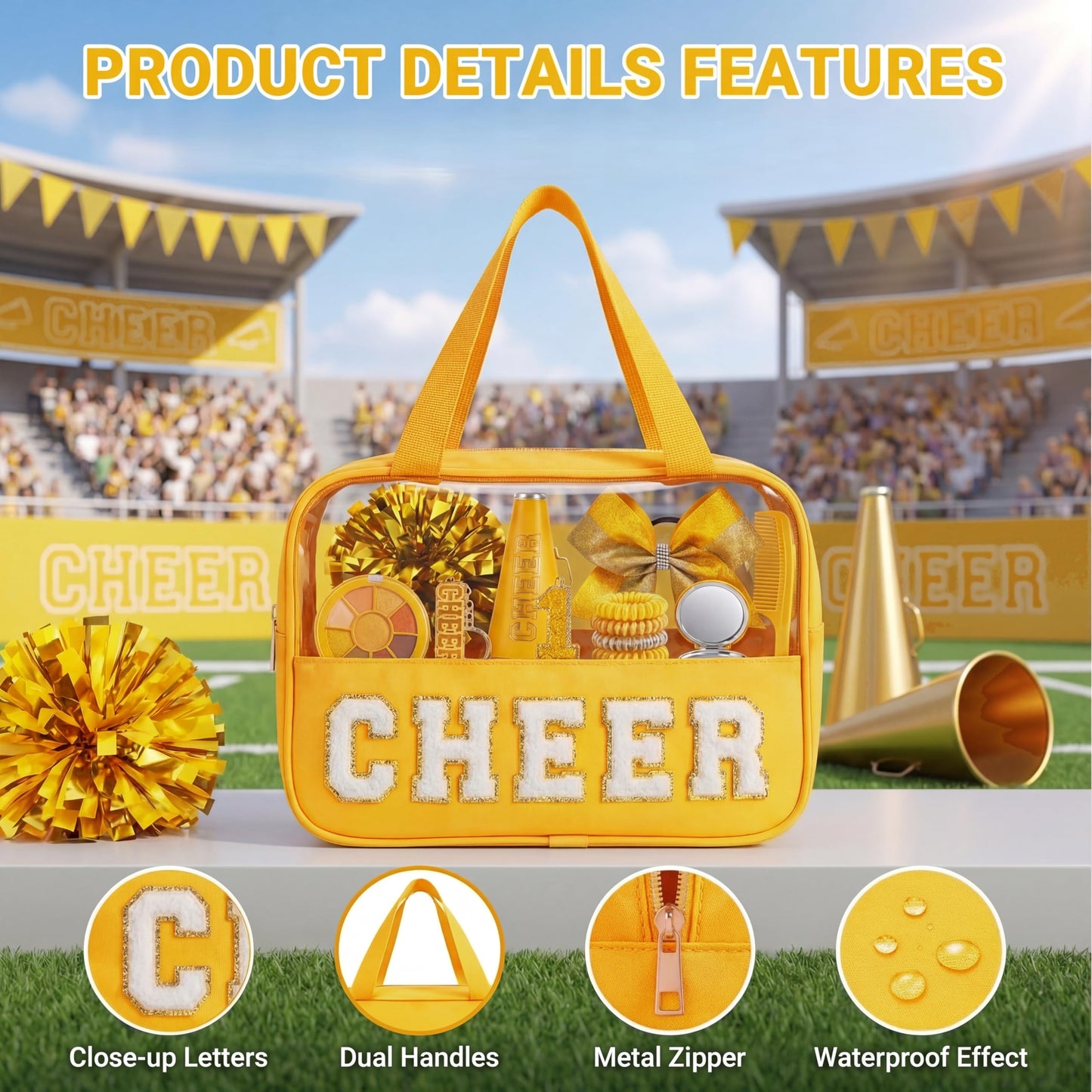 KYTACCU Cheer Makeup Bag Cheerleader Gifts Cheer Chenille Letter Cosmetic Bag Cheerleading Competition Accessories Clear Travel Toiletry Pouch for Girls Women-Yellow