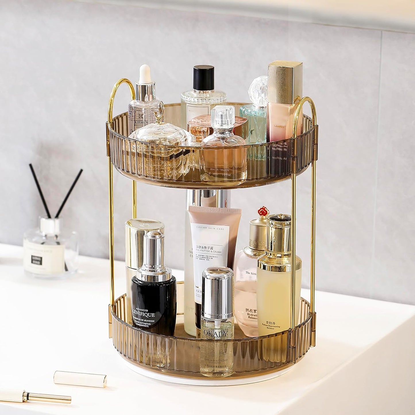 Rotating Makeup Organizer - 3 Tier Clear Cosmetic Holder for Vanity | Grey Perfume & Skincare Storage