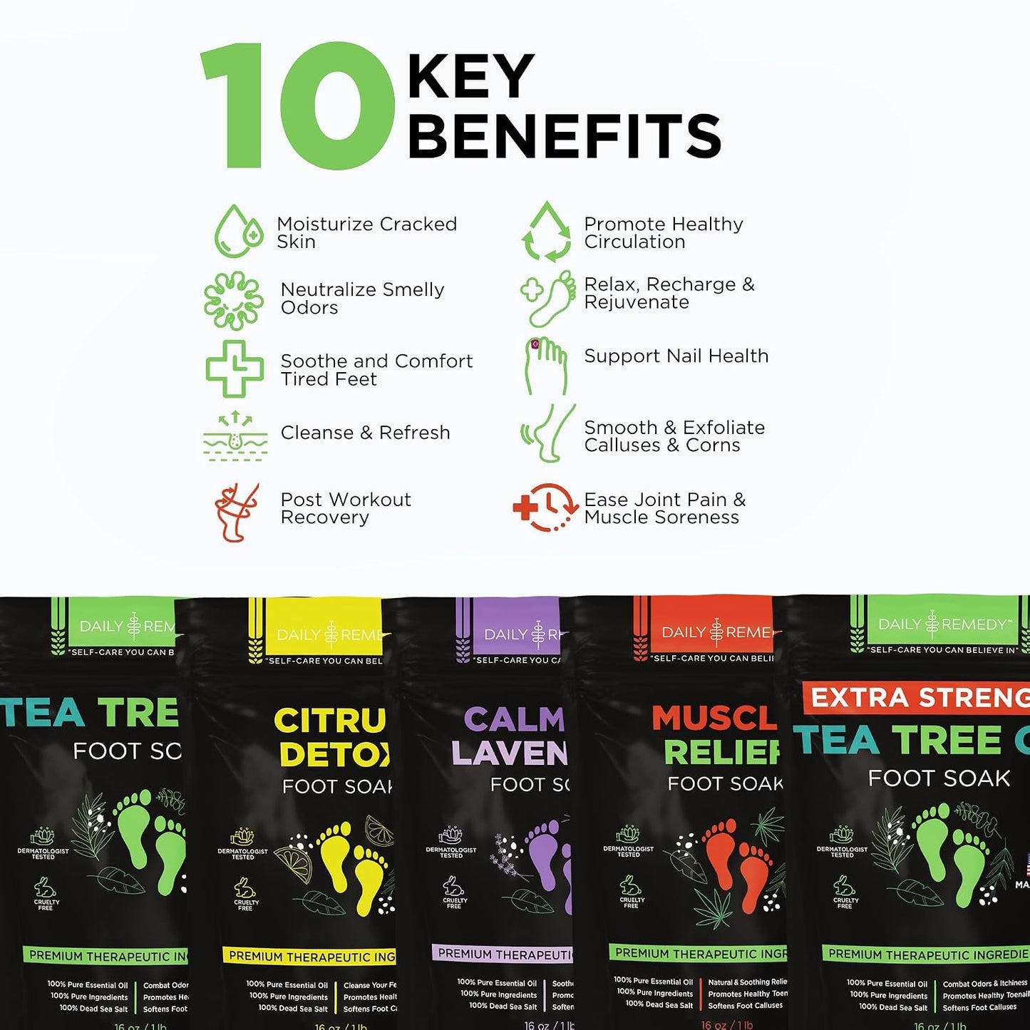 Foot Soak Salts Variety Pack - Tea Tree Oil, Muscle Relief, Calming Lavender & Citrus | Pain Relief for Soreness, Odors, Calluses