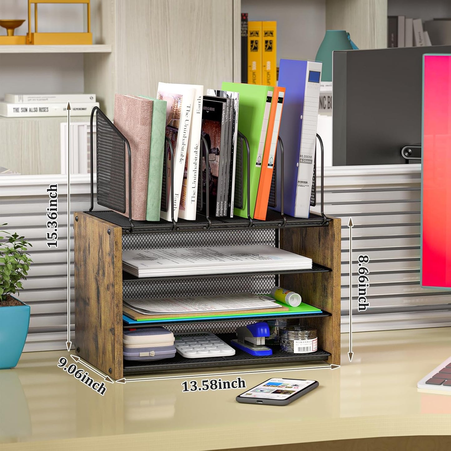4-Tier Desk Organizer - Wooden Desktop File Holder with 5 Vertical Slots | Office & Home Use