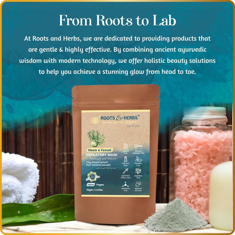 ROOTS AND HERBS Neem and Fennel Depilatory Mask - Vegan Hair Removal for Sensitive Skin: Facial, Pubic, Bikini, Leg - Organic Powder Waxing