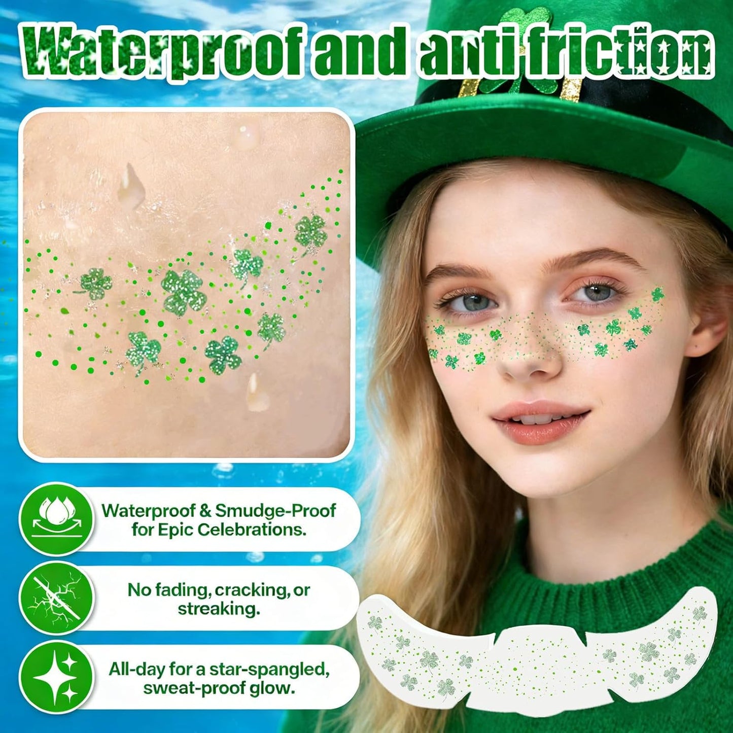 Shamrock Glitter Freckles Face Tattoos - St. Patrick's Day Accessories | 6 PCS Green Sparkle Stickers for Women & Kids