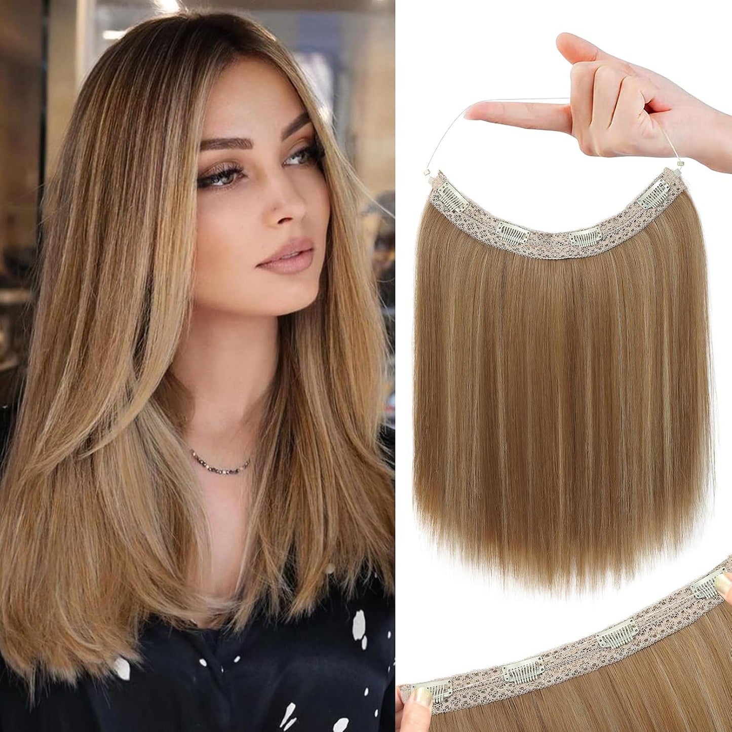 Invisible Wire Hair Extensions - Thinner Softer Lace Weft, 12" Short Straight Clips | Ash Blonde with Highlights
