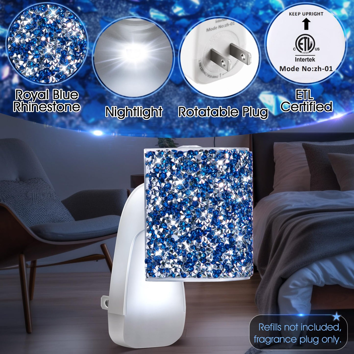 Hohean Wall Fragrance Plug in with Night Light, Compatible with Bath & Body Works WallFlower Fragrance, Wall Plug Essential Oil Diffuser with Nightlight for Home, Office, Round Rhinestone (Royal Blue)