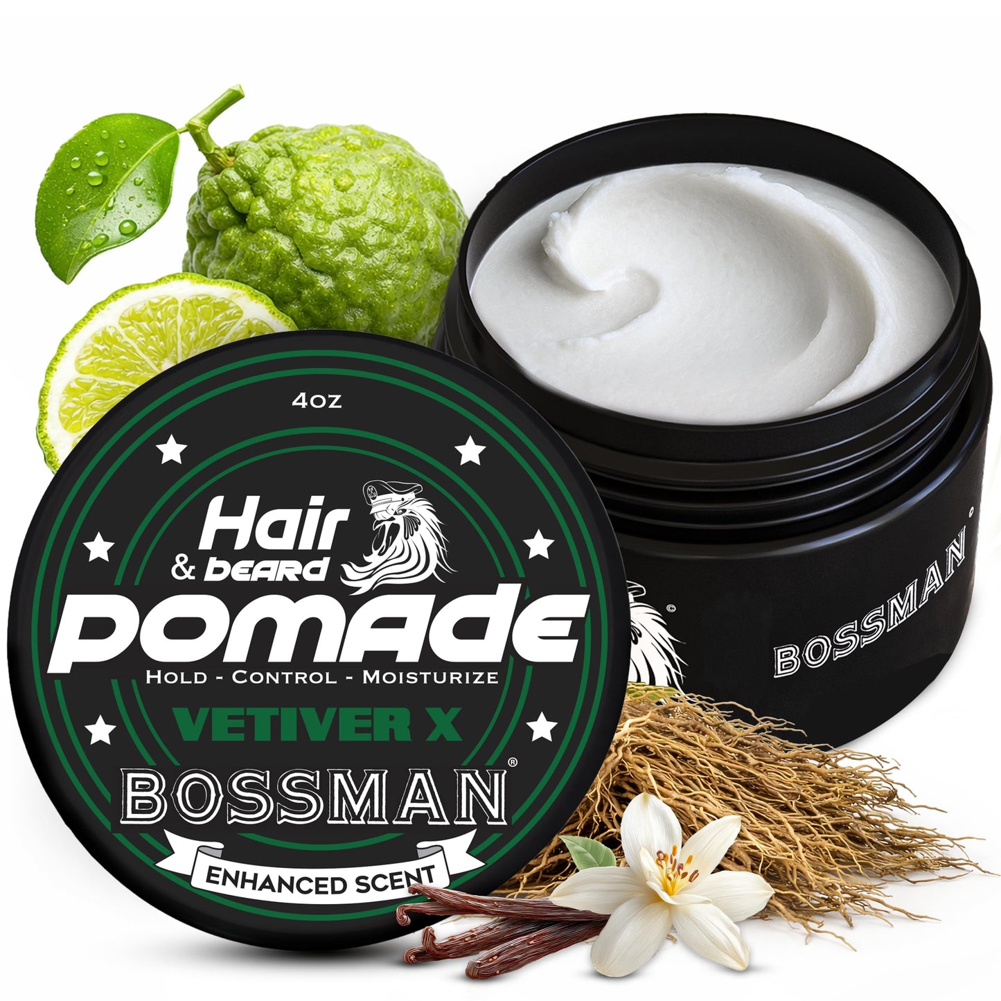 Bossman Natural Hair & Beard Pomade for Men (Vetiver X Scent) – Medium Hold & Moisturizing for Hair, Beard & Mustache Styling – Made in USA